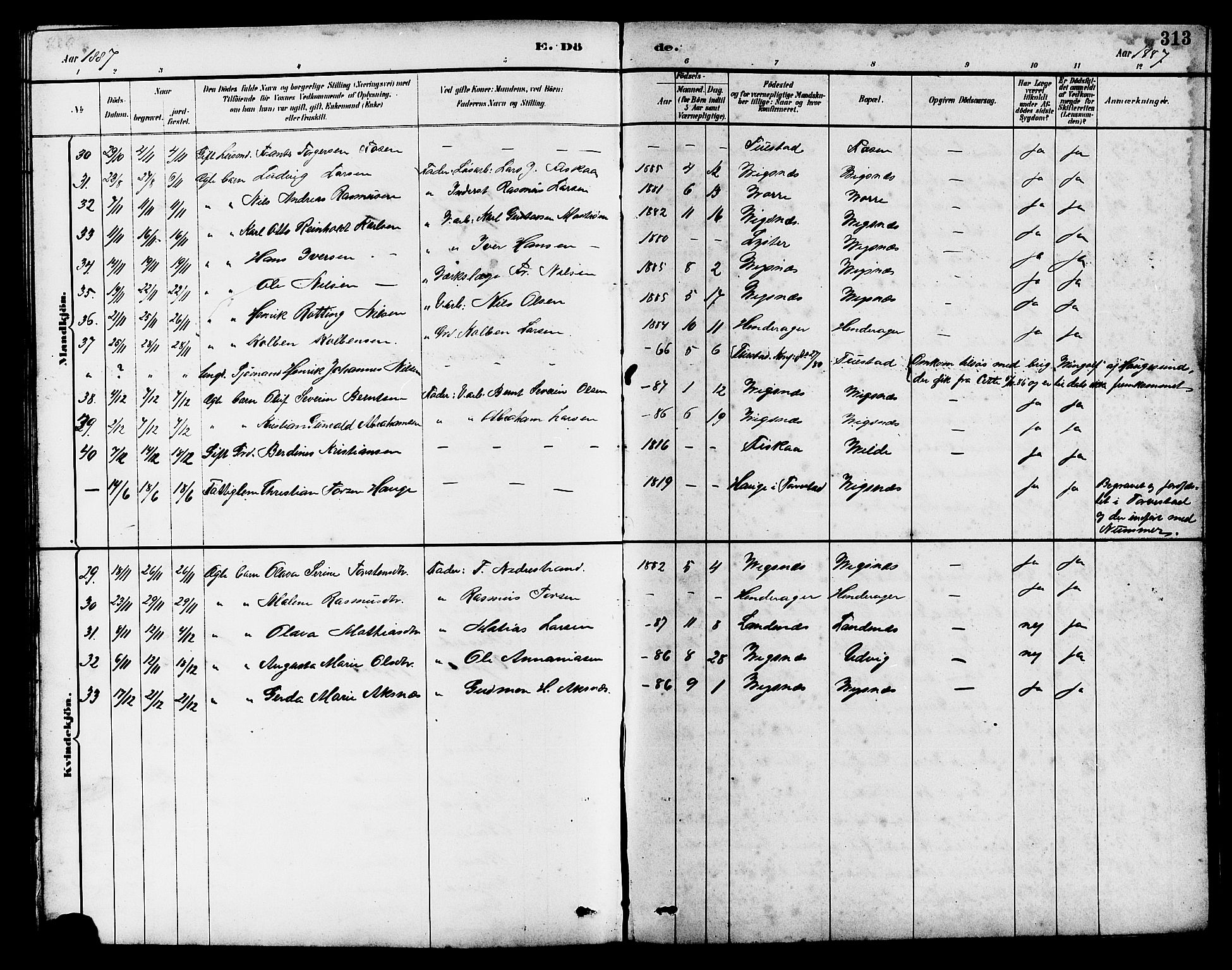 Avaldsnes sokneprestkontor, AV/SAST-A -101851/H/Ha/Hab/L0007: Parish register (copy) no. B 7, 1885-1909, p. 313