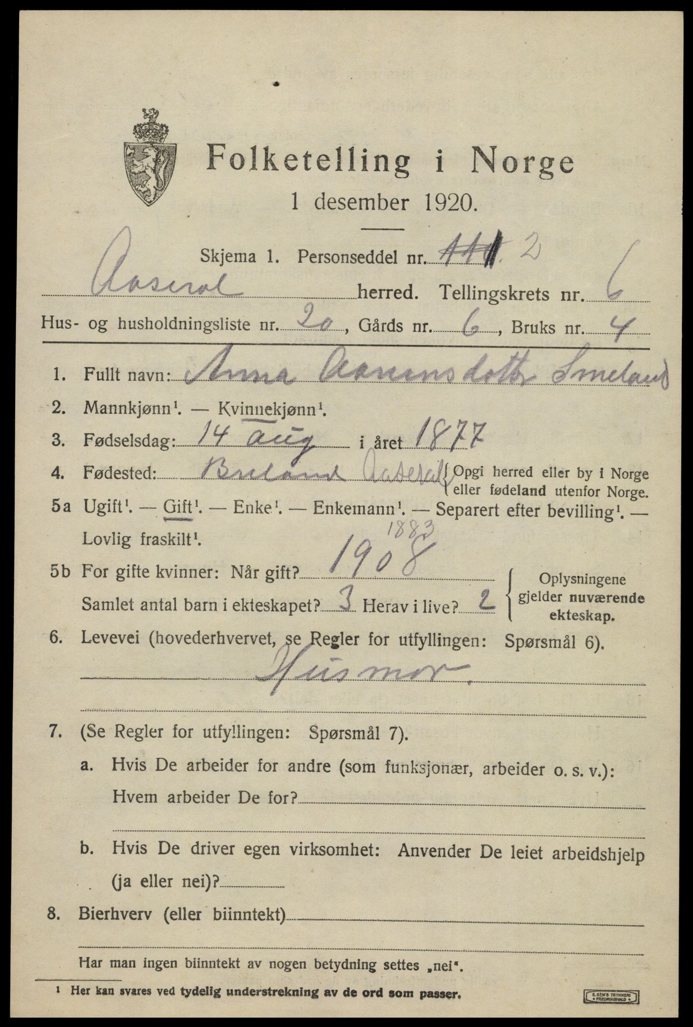 SAK, 1920 census for Åseral, 1920, p. 2018