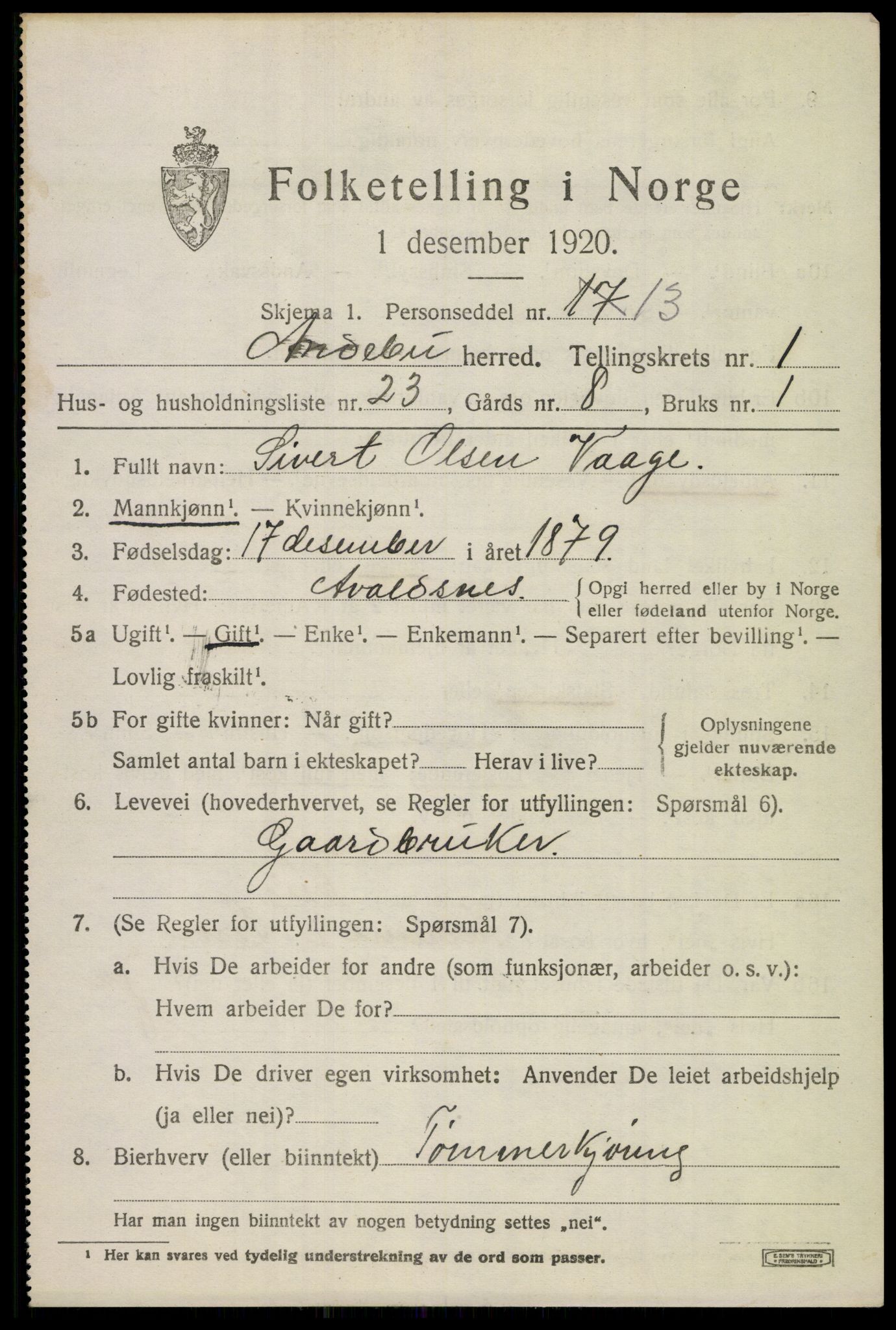 SAKO, 1920 census for Andebu, 1920, p. 1474
