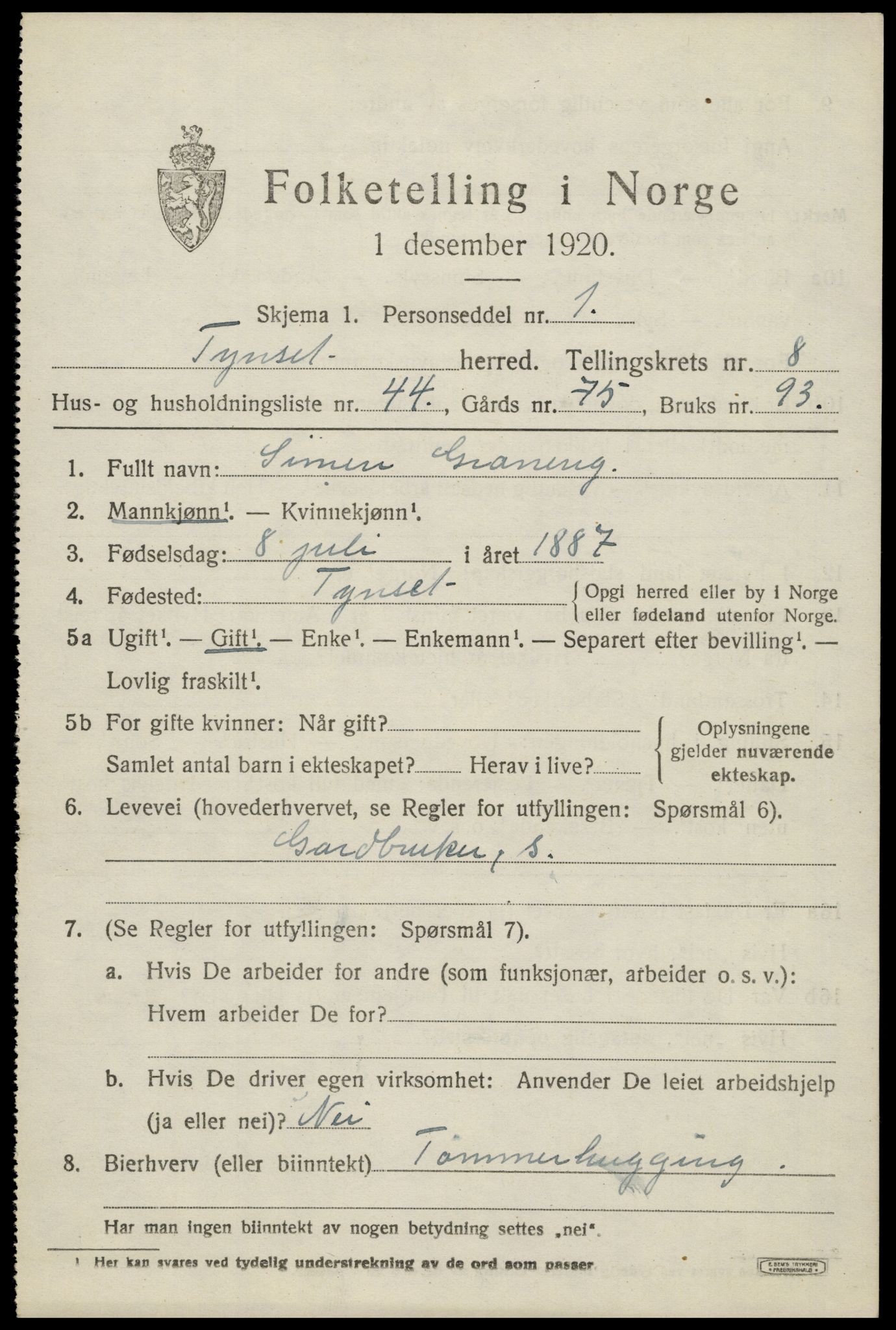 SAH, 1920 census for Tynset, 1920, p. 7136