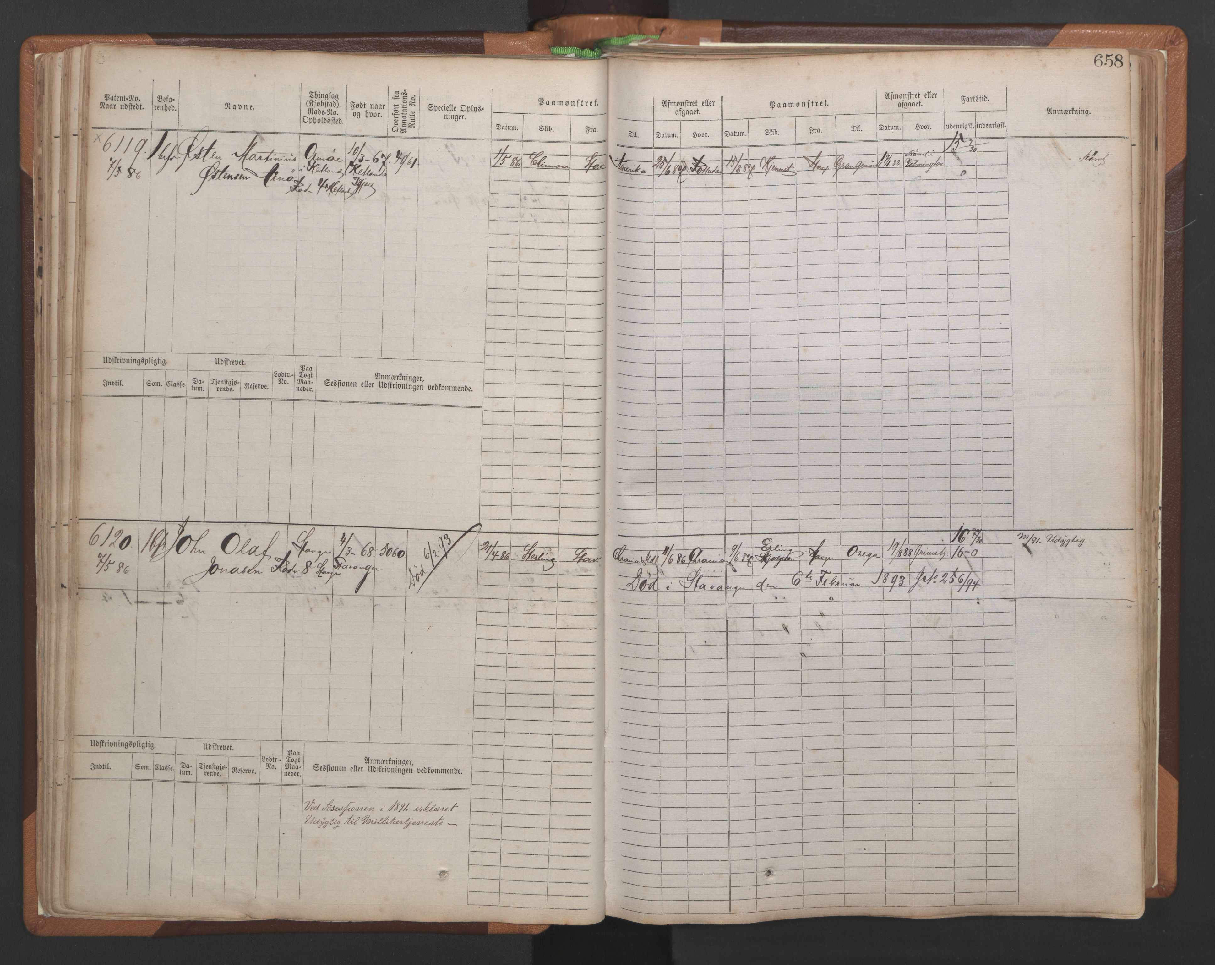 Stavanger sjømannskontor, AV/SAST-A-102006/F/Fb/Fbb/L0010: Sjøfartshovedrulle, patentnr. 6007-6606 (del 1), 1887-1896, p. 62