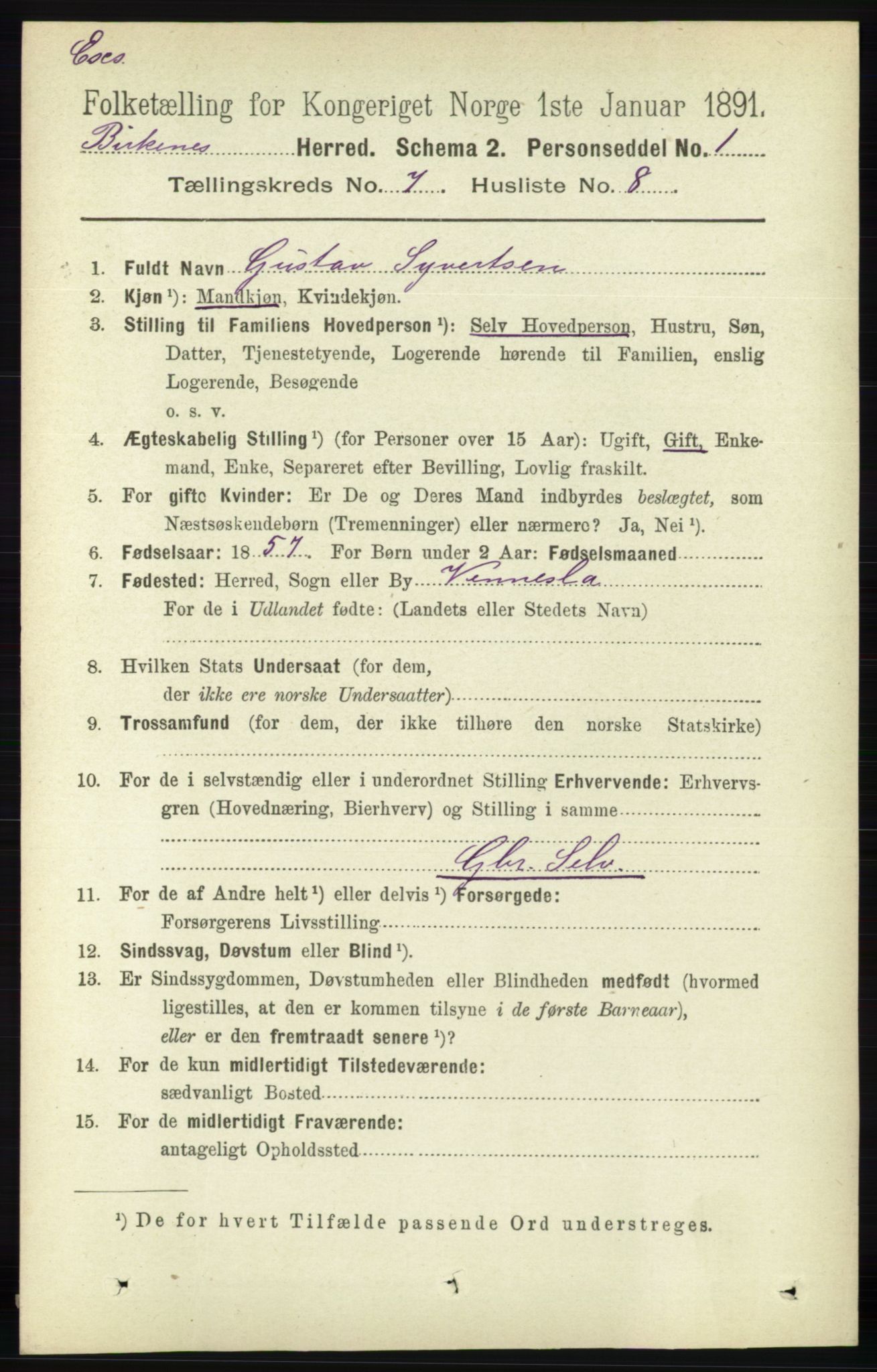 RA, Census 1891 for Nedenes amt: Gjenparter av personsedler for beslektede ektefeller, menn, 1891, p. 900