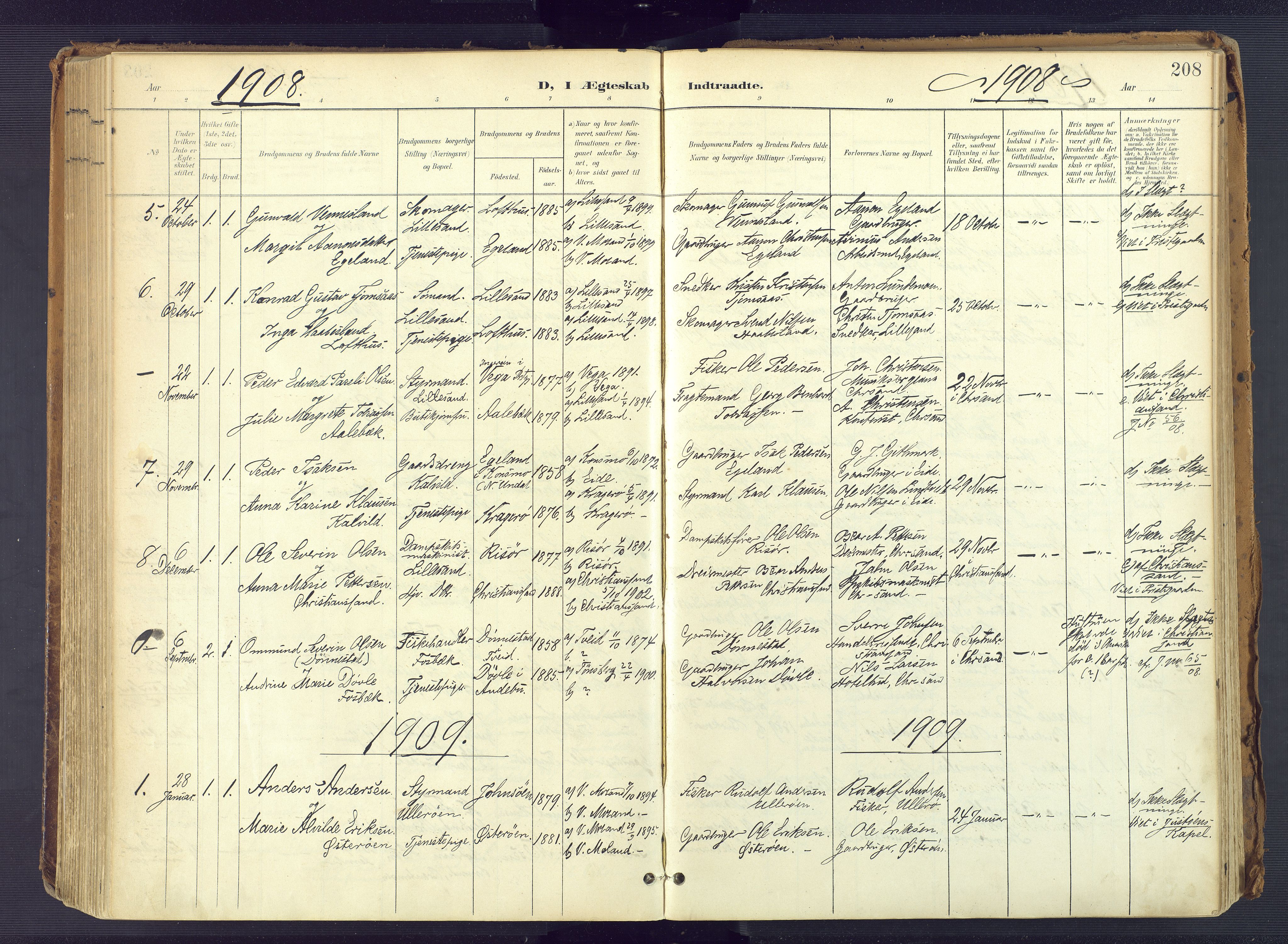 Vestre Moland sokneprestkontor, SAK/1111-0046/F/Fa/Fab/L0010: Parish register (official) no. A 10, 1900-1926, p. 208