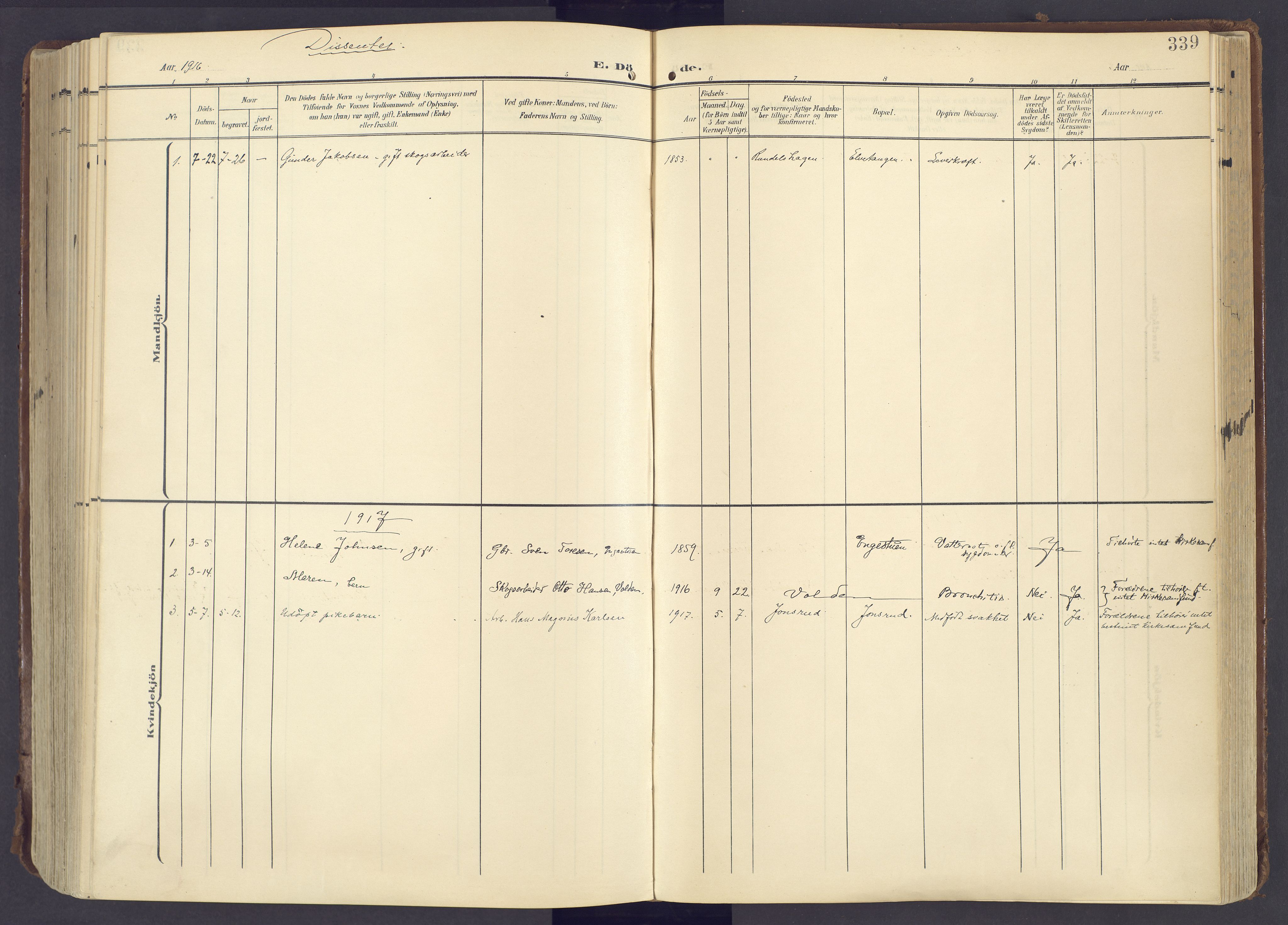 Lunner prestekontor, SAH/PREST-118/H/Ha/Haa/L0001: Parish register (official) no. 1, 1907-1922, p. 339