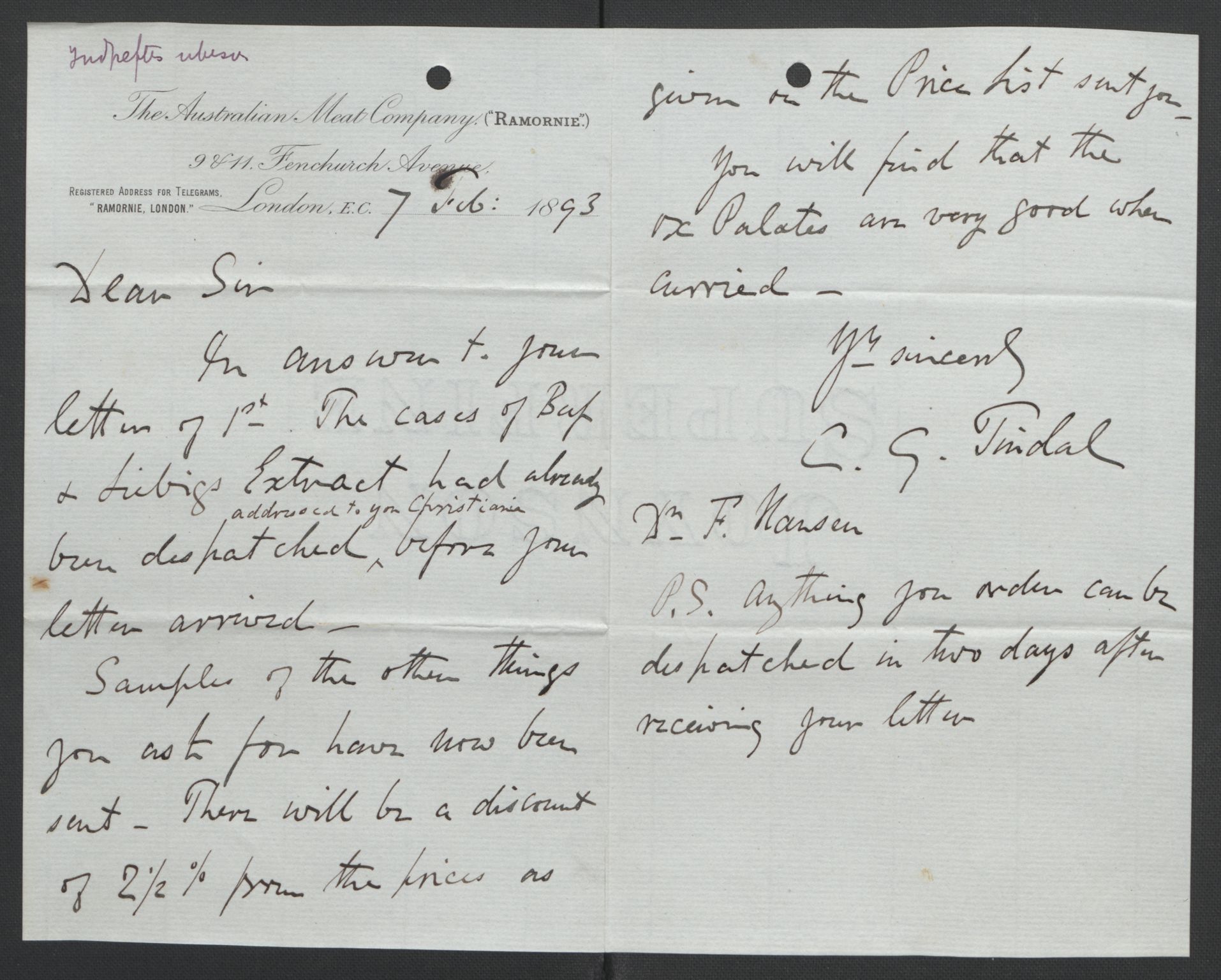 Arbeidskomitéen for Fridtjof Nansens polarekspedisjon, AV/RA-PA-0061/D/L0004: Innk. brev og telegrammer vedr. proviant og utrustning, 1892-1893, p. 421