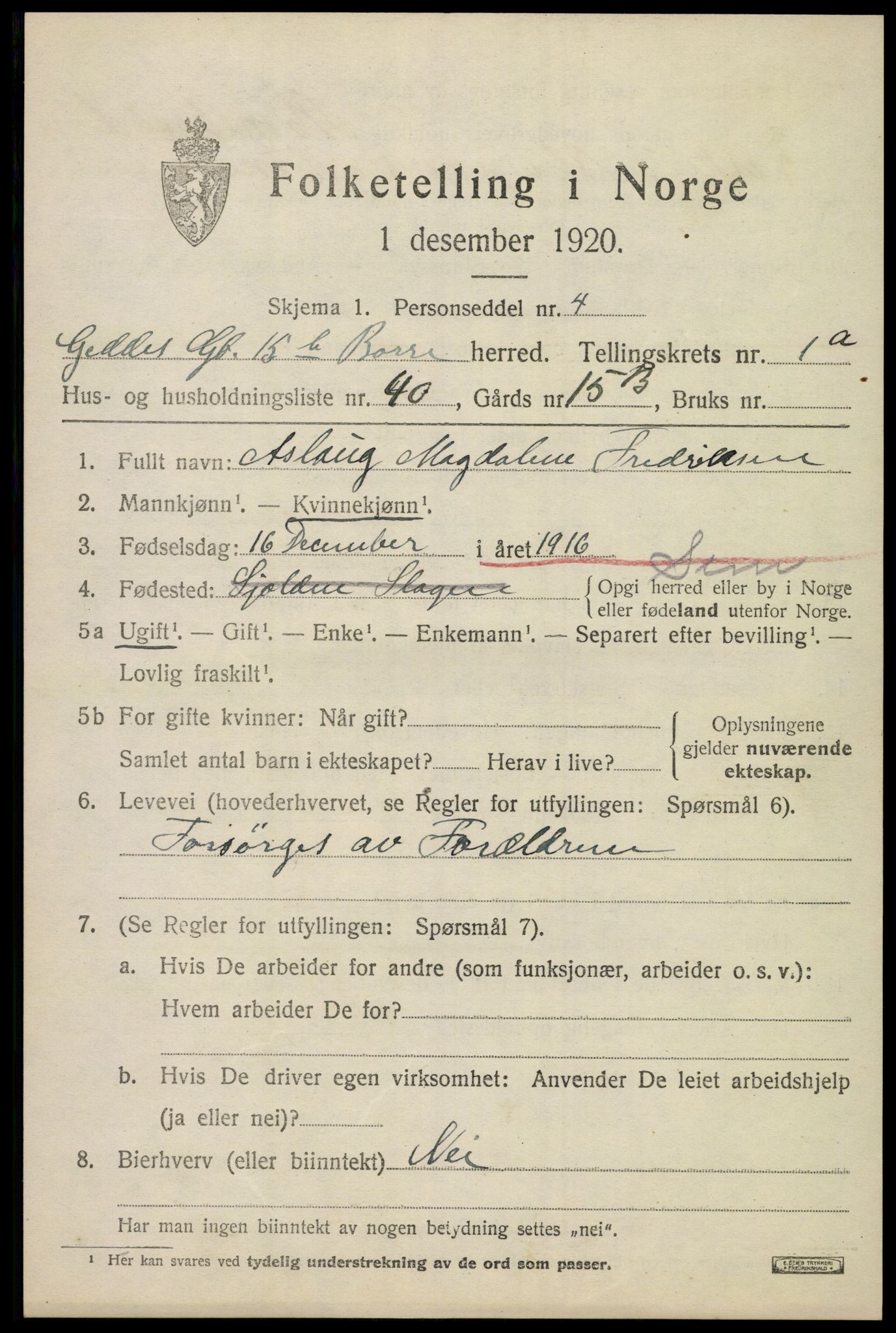 SAKO, 1920 census for Borre, 1920, p. 1922