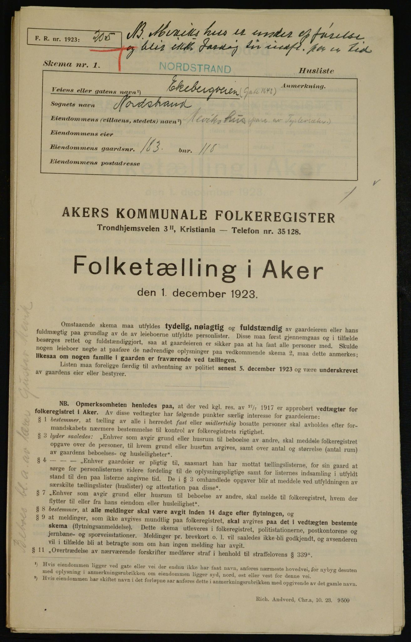 , Municipal Census 1923 for Aker, 1923, p. 37854