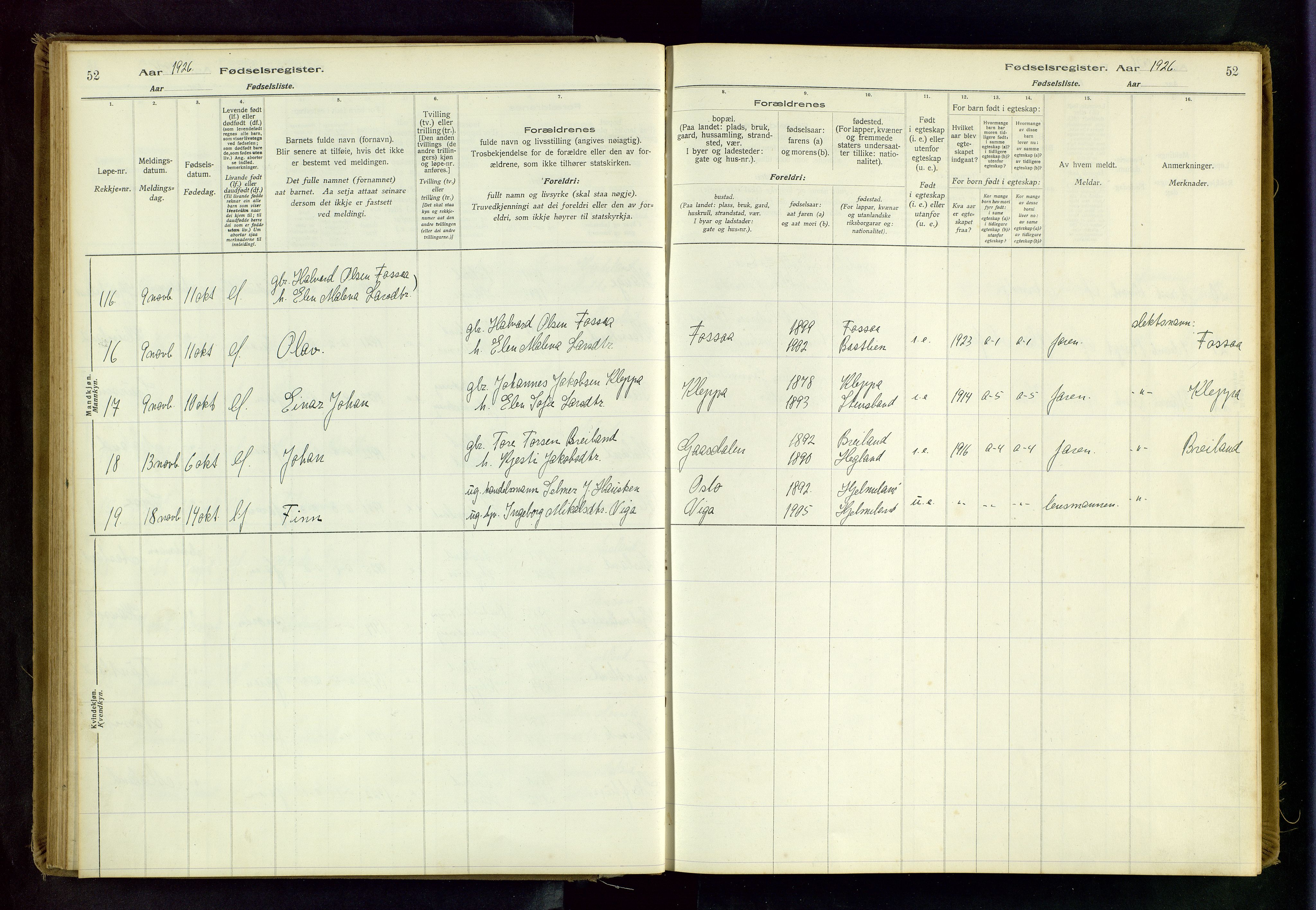 Hjelmeland sokneprestkontor, AV/SAST-A-101843/02/B/L0001: Birth register no. 1, 1916-1963, p. 52