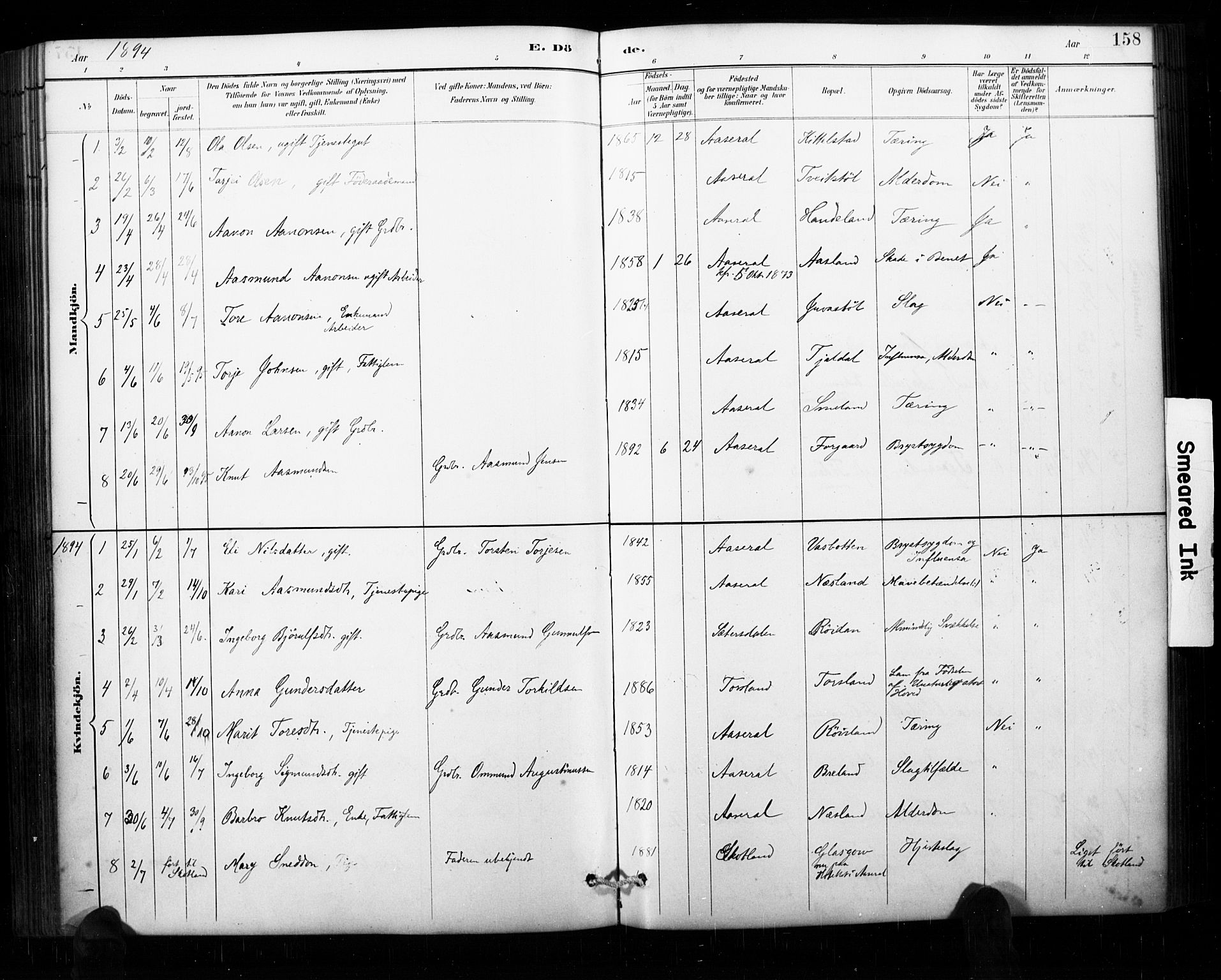 Åseral sokneprestkontor, AV/SAK-1111-0051/F/Fa/L0003: Parish register (official) no. A 3, 1884-1901, p. 158