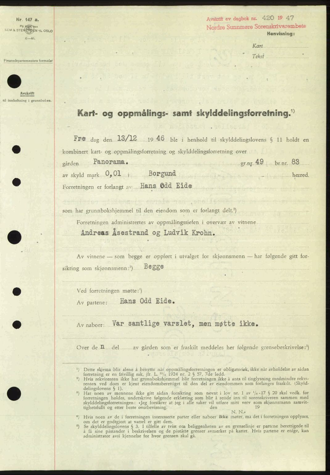 Nordre Sunnmøre sorenskriveri, AV/SAT-A-0006/1/2/2C/2Ca: Mortgage book no. A24, 1947-1947, Diary no: : 420/1947