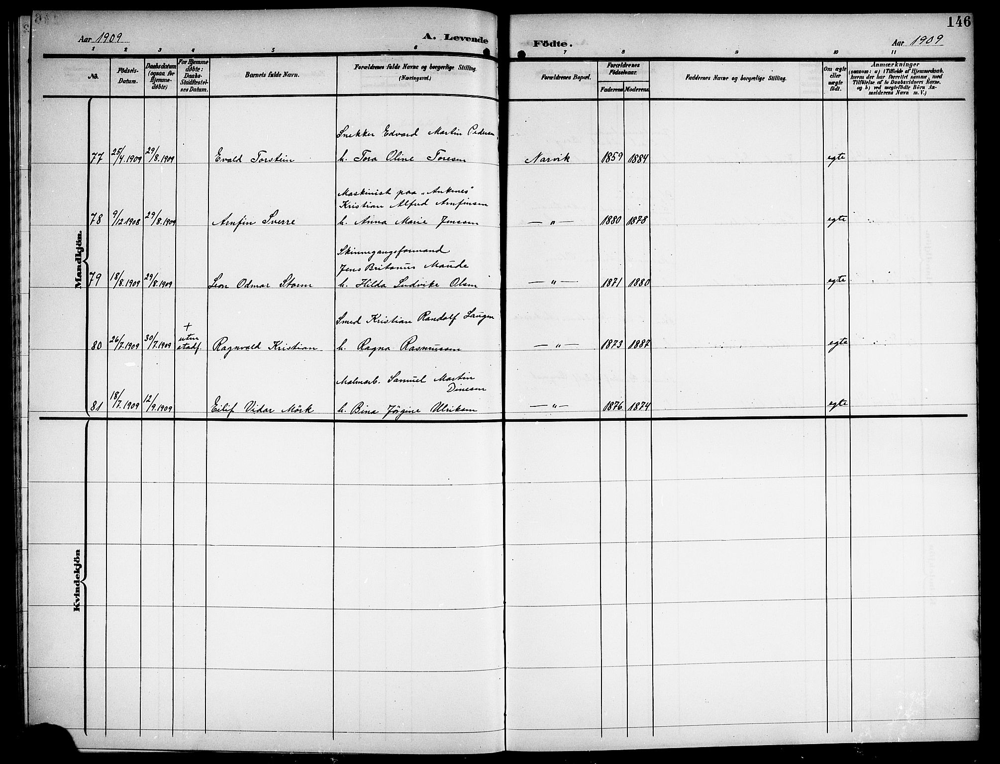 Ministerialprotokoller, klokkerbøker og fødselsregistre - Nordland, AV/SAT-A-1459/871/L1012: Parish register (copy) no. 871C01, 1902-1909, p. 146