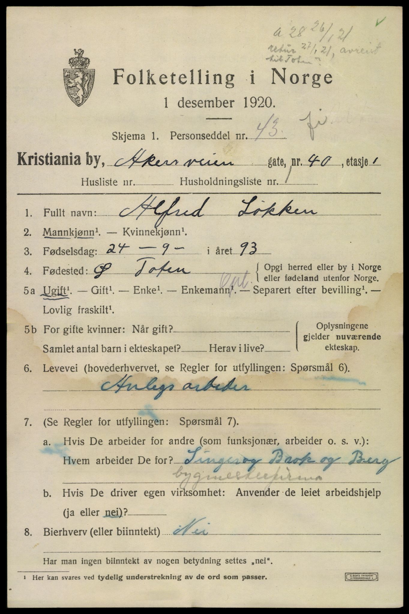 SAO, 1920 census for Kristiania, 1920, p. 140967