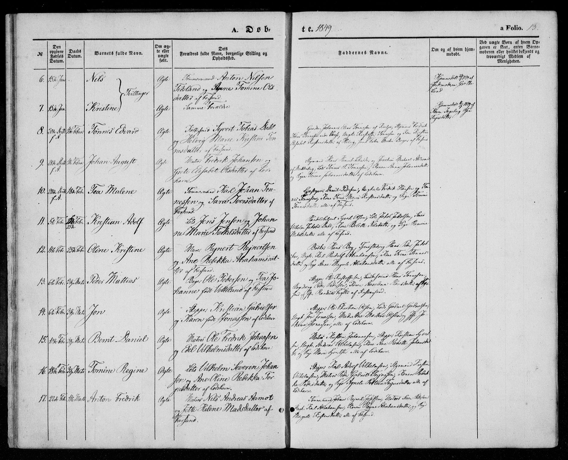 Farsund sokneprestkontor, AV/SAK-1111-0009/F/Fa/L0004: Parish register (official) no. A 4, 1847-1863, p. 13