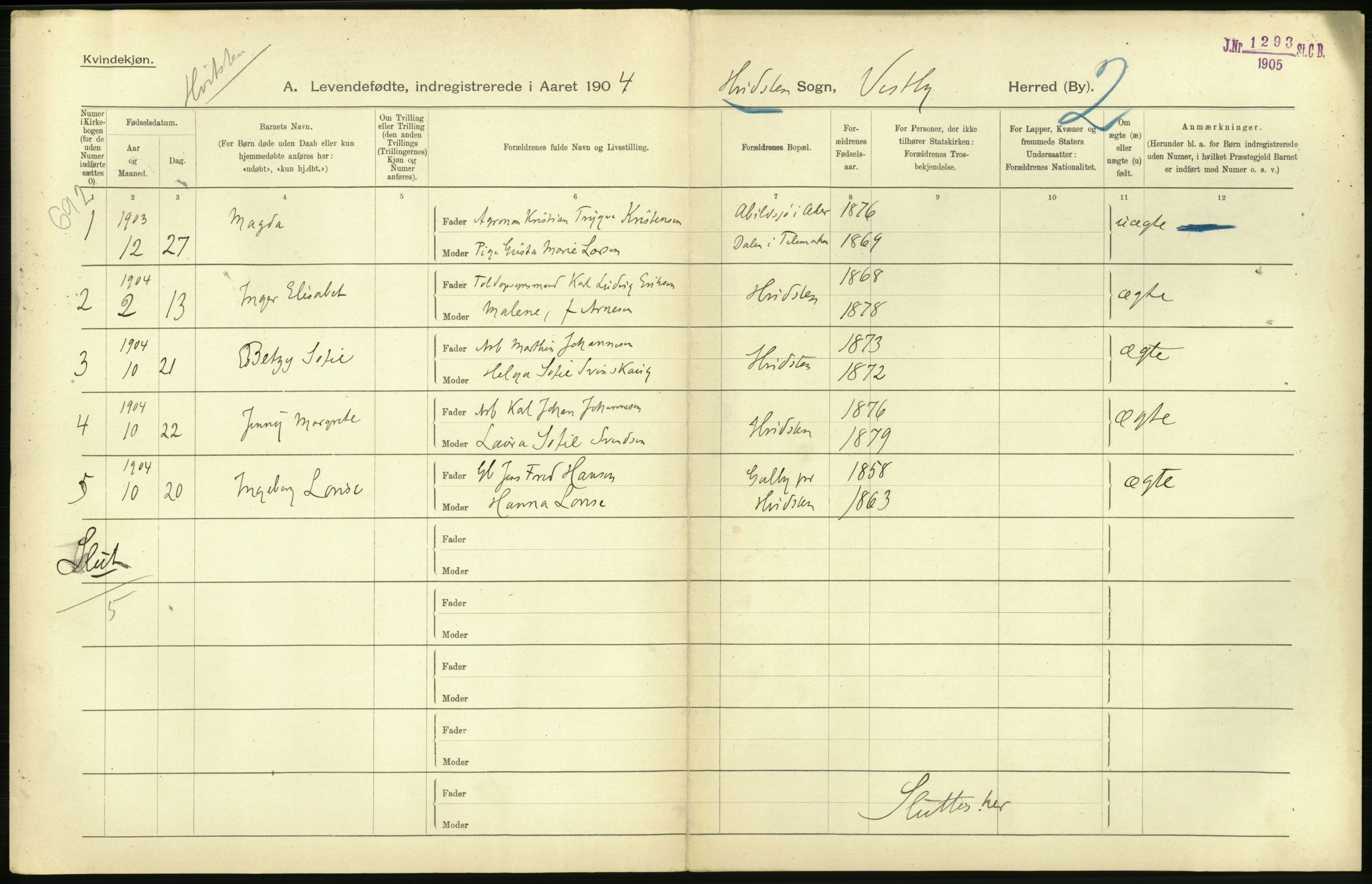 Statistisk sentralbyrå, Sosiodemografiske emner, Befolkning, AV/RA-S-2228/D/Df/Dfa/Dfab/L0002: Akershus amt: Fødte, gifte, døde, 1904, p. 438