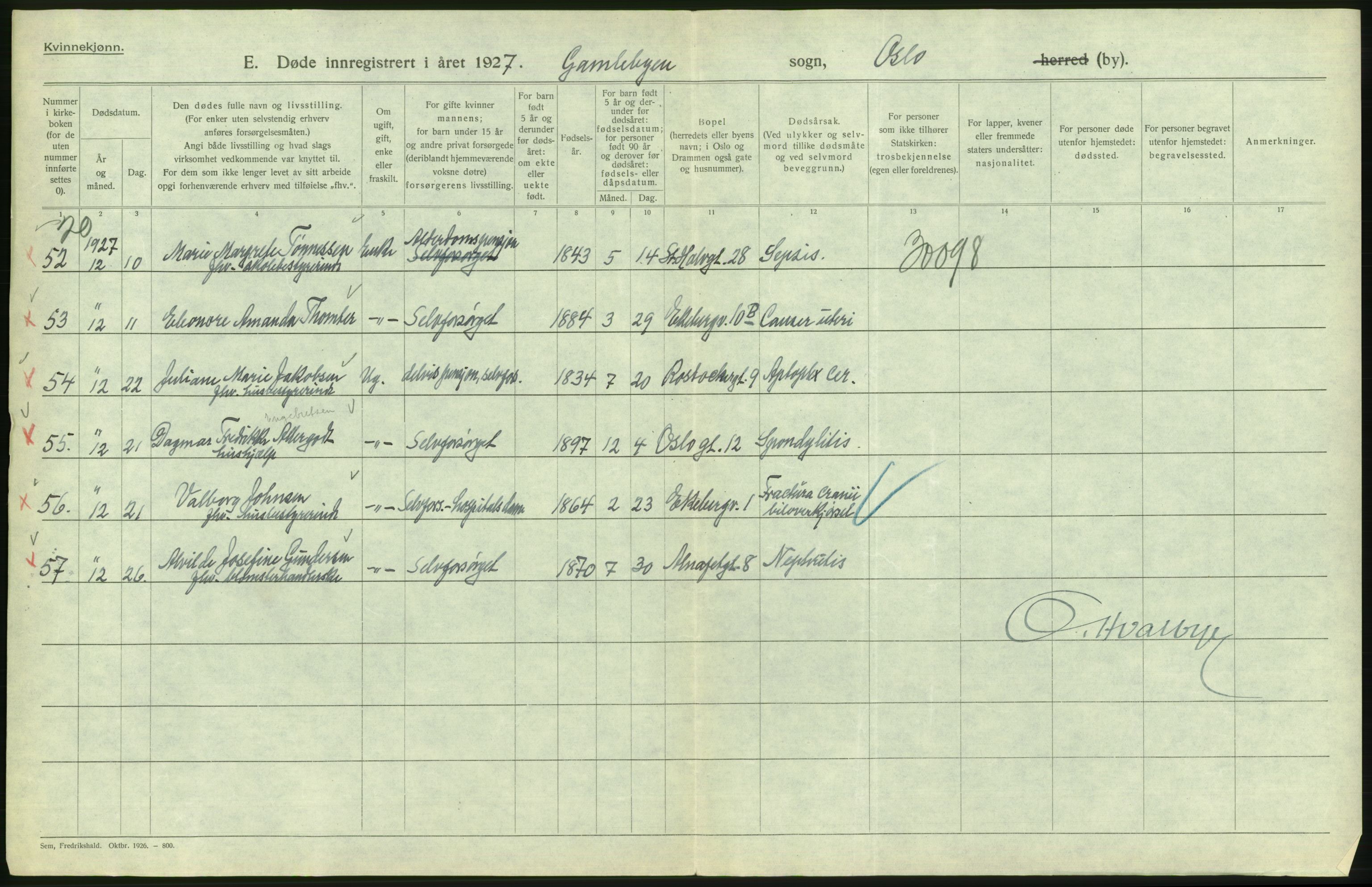 Statistisk sentralbyrå, Sosiodemografiske emner, Befolkning, AV/RA-S-2228/D/Df/Dfc/Dfcg/L0010: Oslo: Døde kvinner, dødfødte, 1927, p. 474