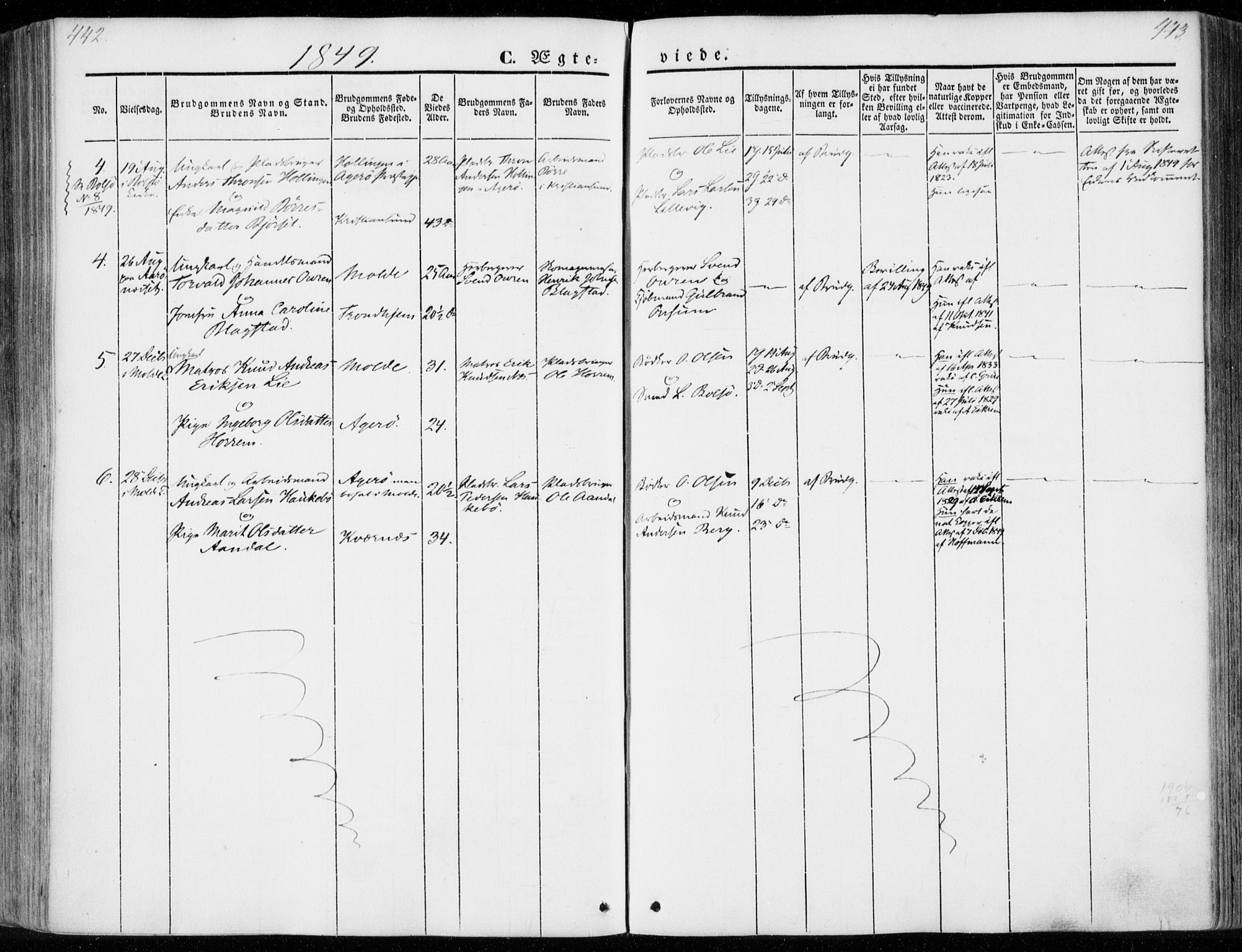 Ministerialprotokoller, klokkerbøker og fødselsregistre - Møre og Romsdal, SAT/A-1454/558/L0689: Parish register (official) no. 558A03, 1843-1872, p. 442-443