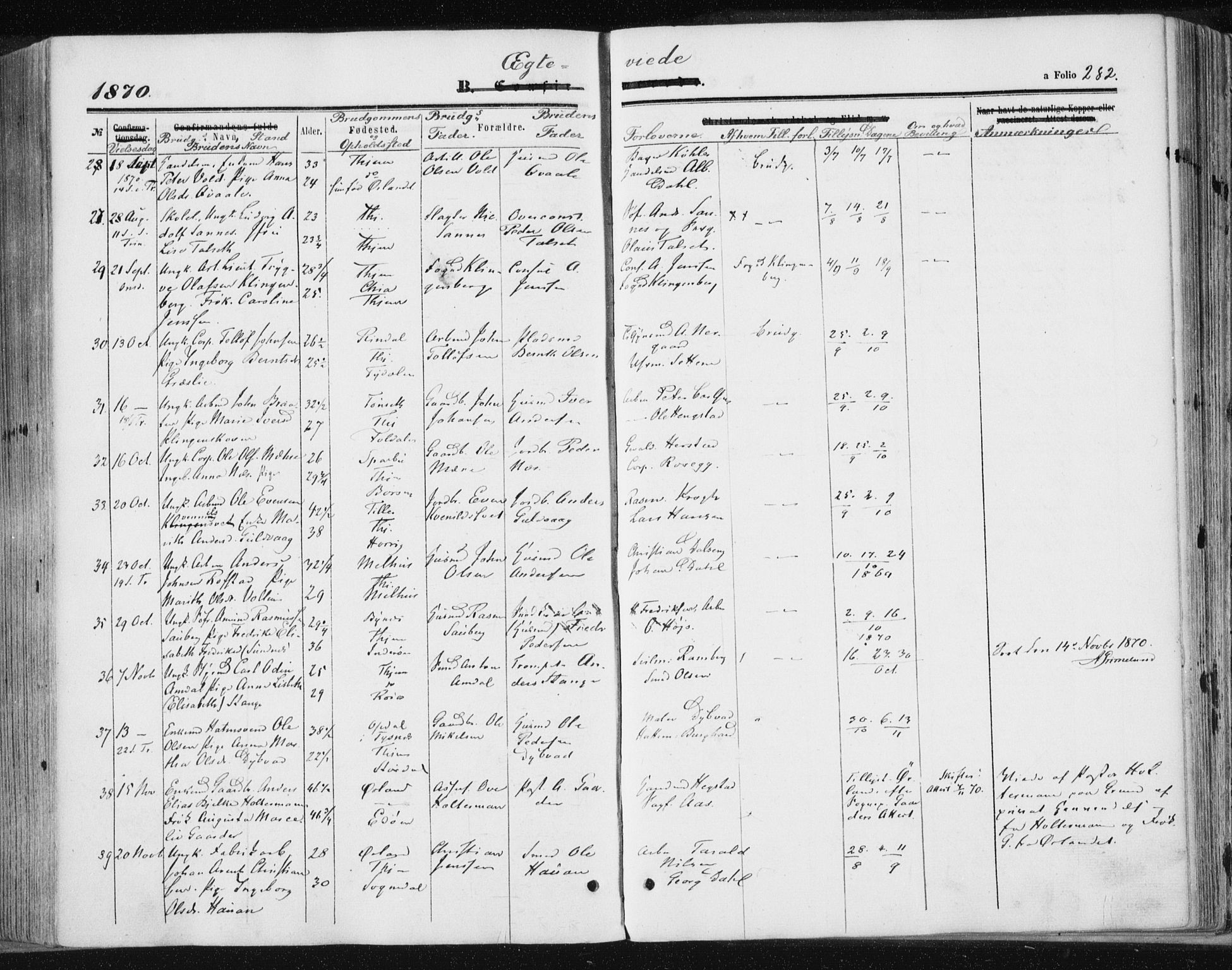 Ministerialprotokoller, klokkerbøker og fødselsregistre - Sør-Trøndelag, SAT/A-1456/602/L0115: Parish register (official) no. 602A13, 1860-1872, p. 282