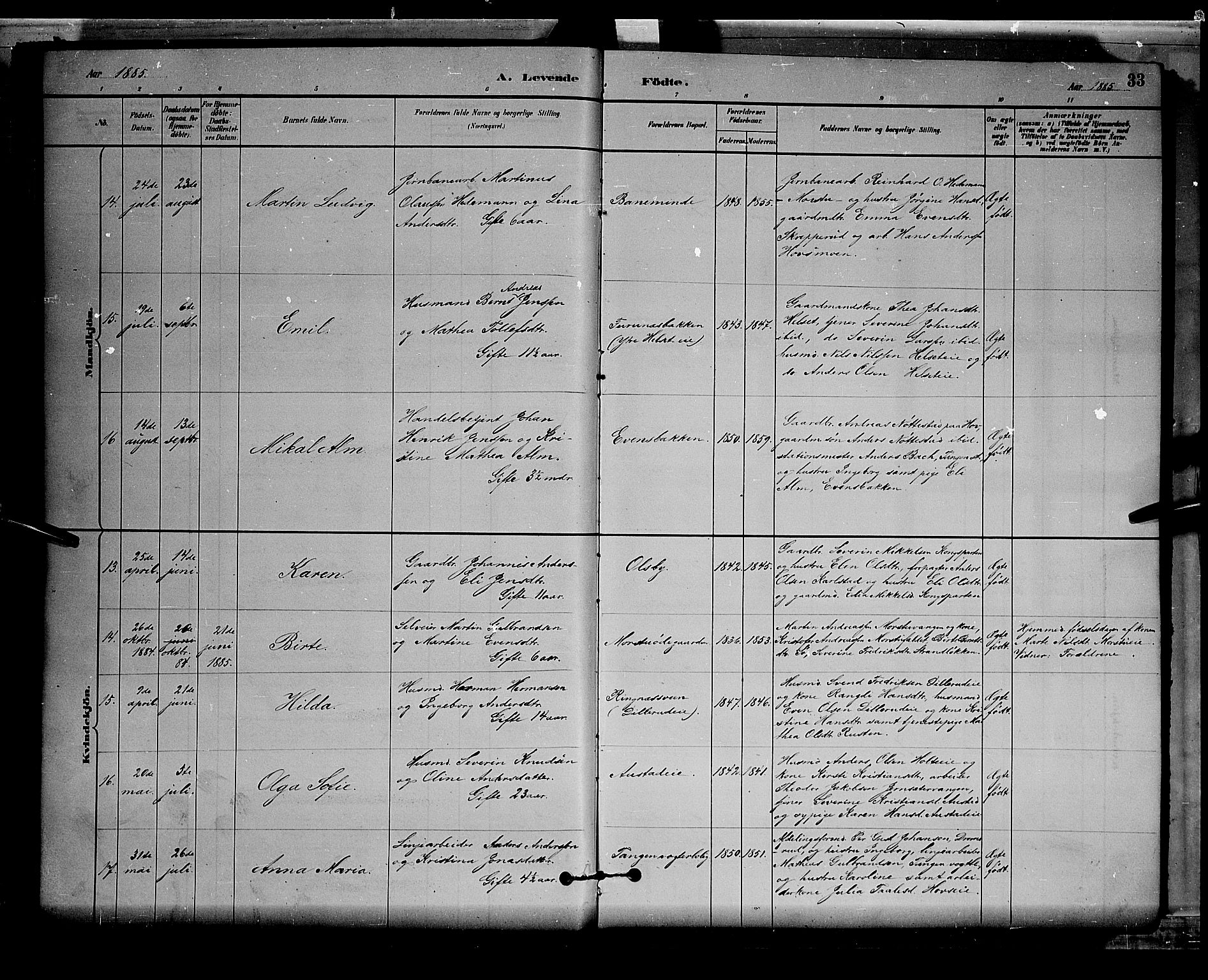 Stange prestekontor, AV/SAH-PREST-002/L/L0008: Parish register (copy) no. 8, 1882-1895, p. 33