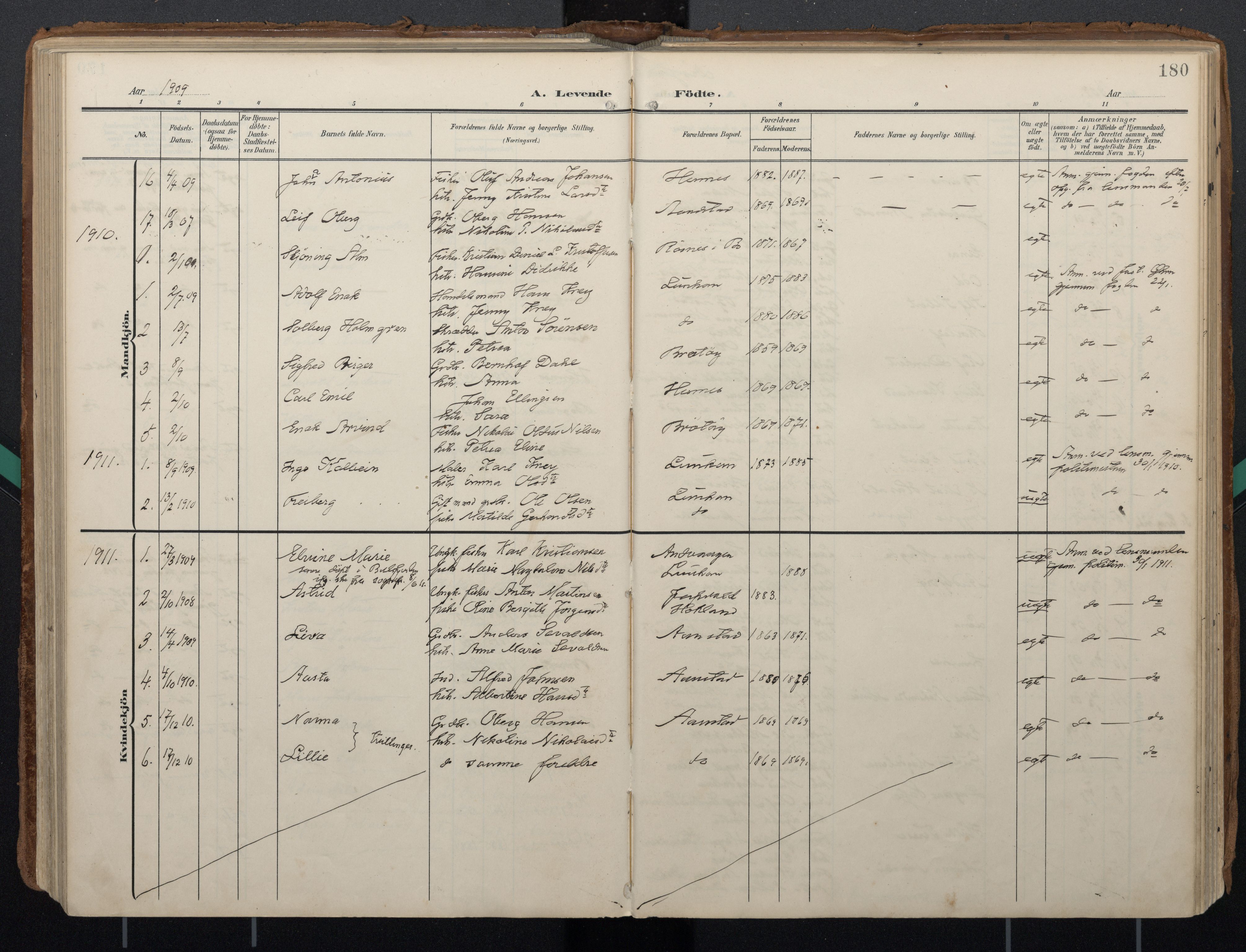 Ministerialprotokoller, klokkerbøker og fødselsregistre - Nordland, AV/SAT-A-1459/888/L1248: Parish register (official) no. 888A14, 1904-1913, p. 180