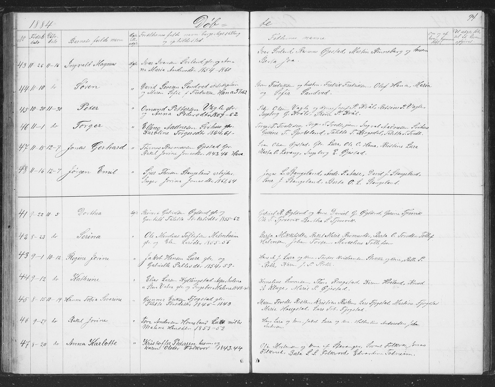 Høyland sokneprestkontor, AV/SAST-A-101799/001/30BB/L0002: Parish register (copy) no. B 2, 1874-1886, p. 94