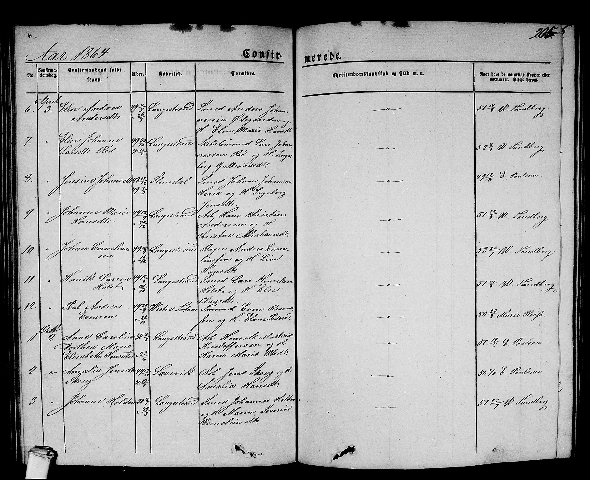 Larvik kirkebøker, AV/SAKO-A-352/G/Gb/L0002: Parish register (copy) no. II 2, 1843-1866, p. 205