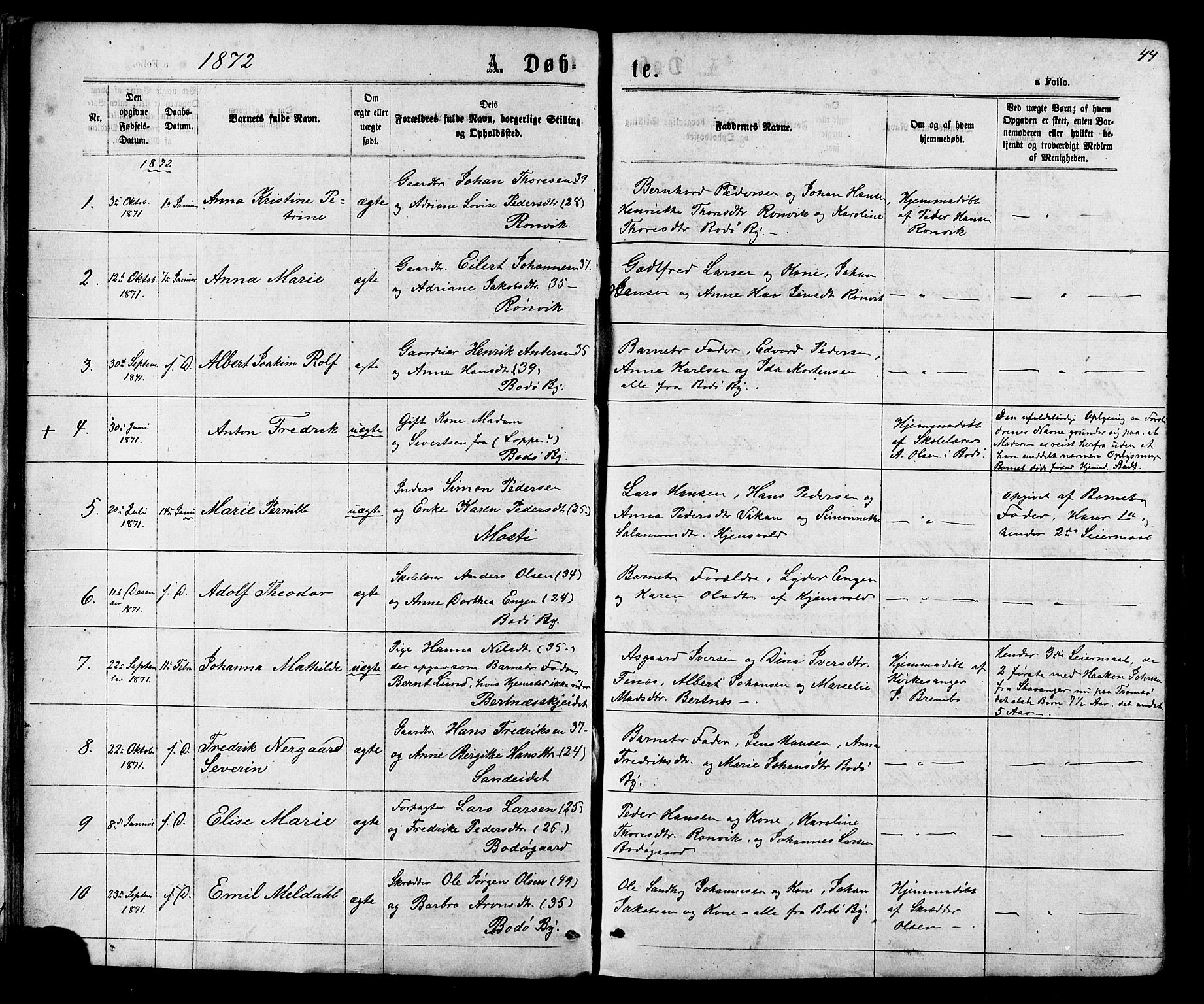 Ministerialprotokoller, klokkerbøker og fødselsregistre - Nordland, SAT/A-1459/801/L0029: Parish register (copy) no. 801C04, 1868-1878, p. 44