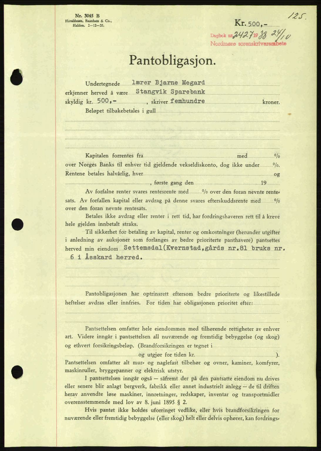 Nordmøre sorenskriveri, SAT/A-4132/1/2/2Ca: Mortgage book no. B84, 1938-1939, Diary no: : 2427/1938