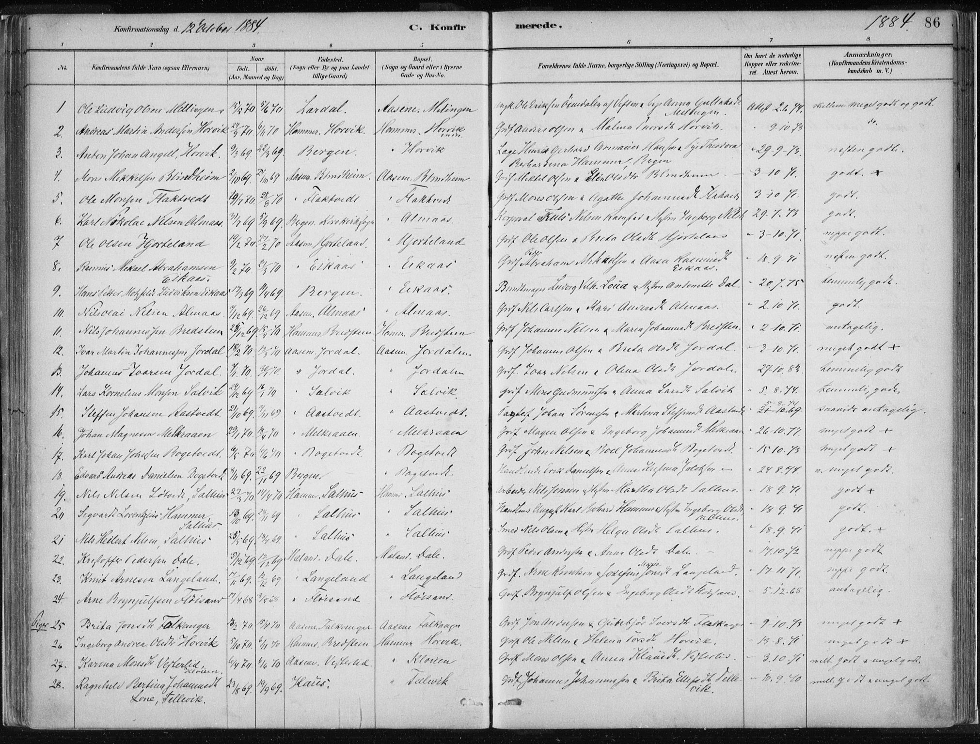 Hamre sokneprestembete, SAB/A-75501/H/Ha/Haa/Haad/L0001: Parish register (official) no. D  1, 1882-1906, p. 86
