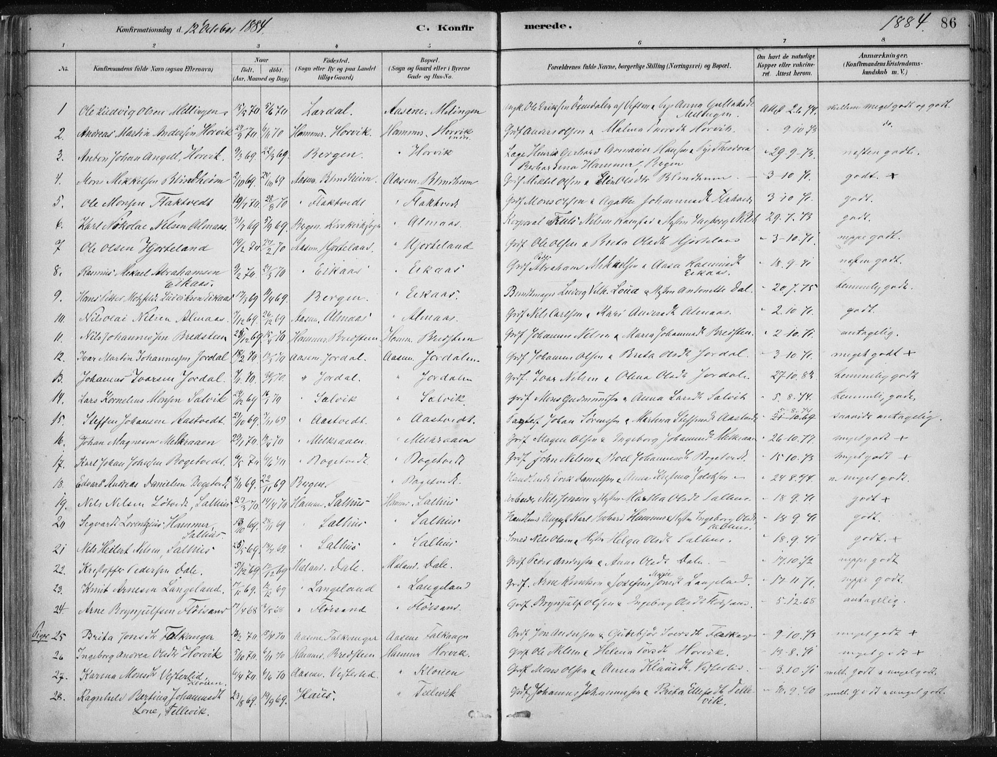 Hamre sokneprestembete, AV/SAB-A-75501/H/Ha/Haa/Haad/L0001: Parish register (official) no. D  1, 1882-1906, p. 86