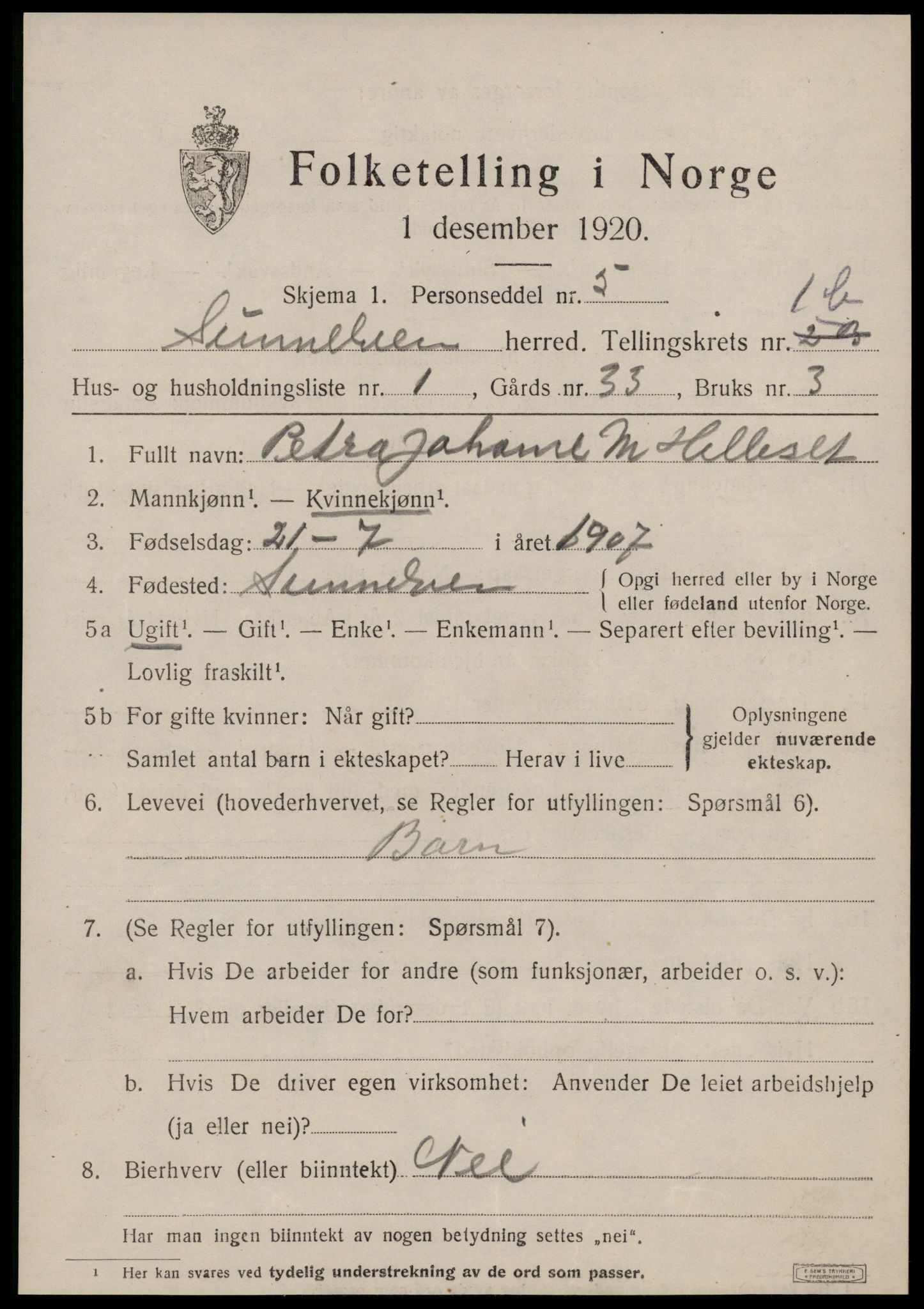 SAT, 1920 census for Sunnylven, 1920, p. 918