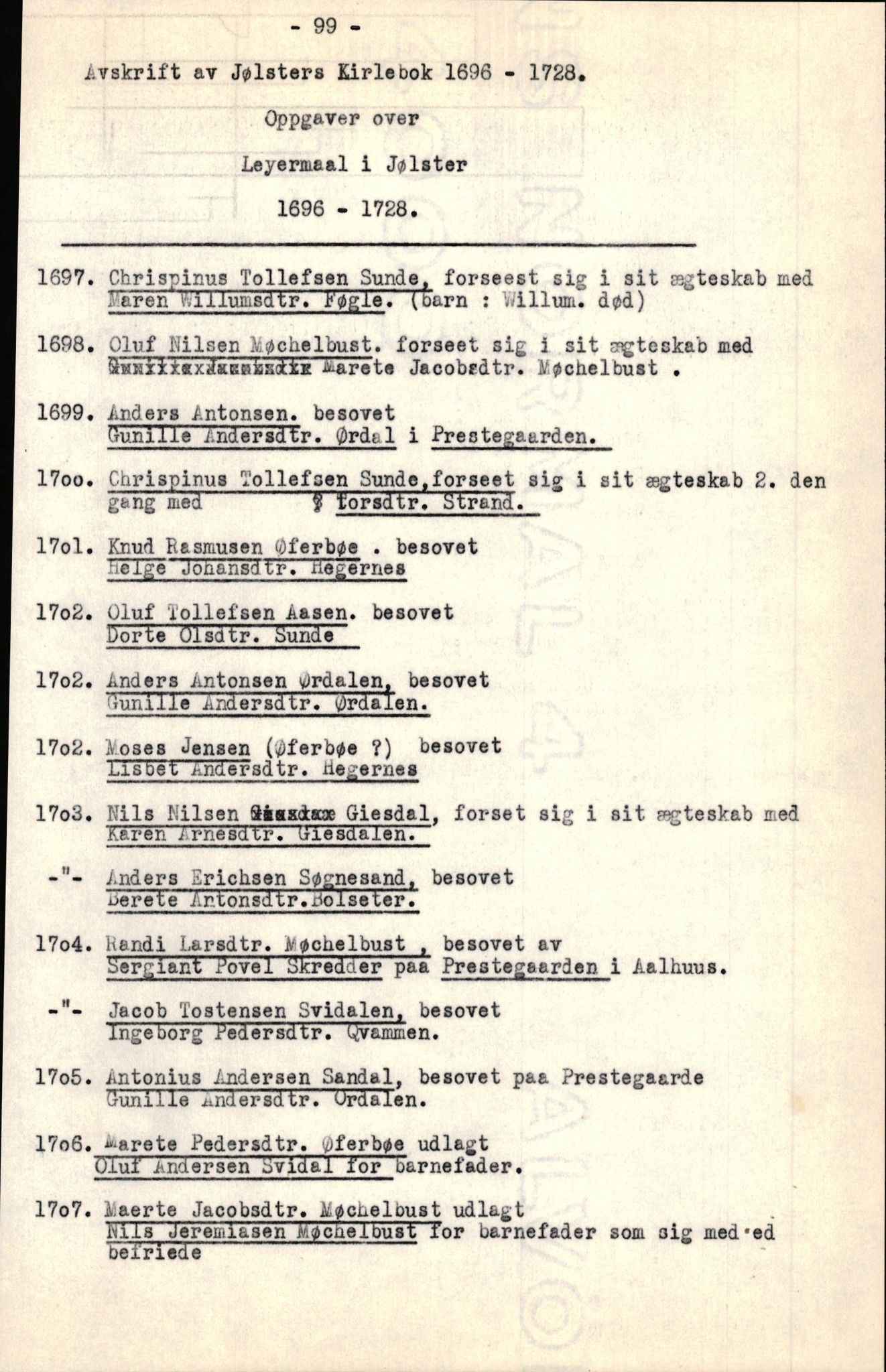 Samling av fulltekstavskrifter, SAB/FULLTEKST/B/14/0005: Jølster sokneprestembete, ministerialbok nr. A 1, 1696-1728, p. 101