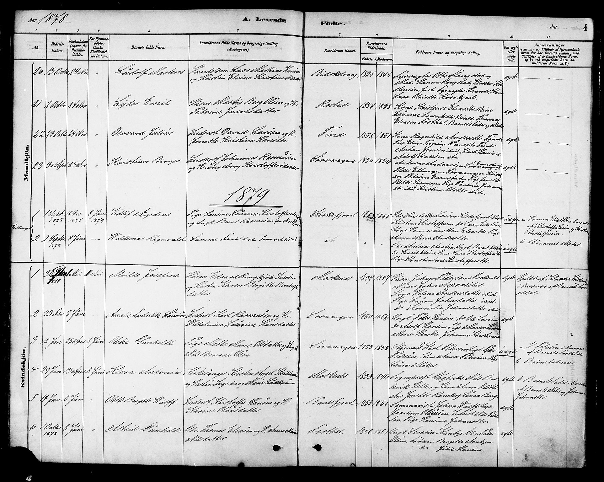 Ministerialprotokoller, klokkerbøker og fødselsregistre - Nordland, AV/SAT-A-1459/886/L1219: Parish register (official) no. 886A01, 1878-1892, p. 4