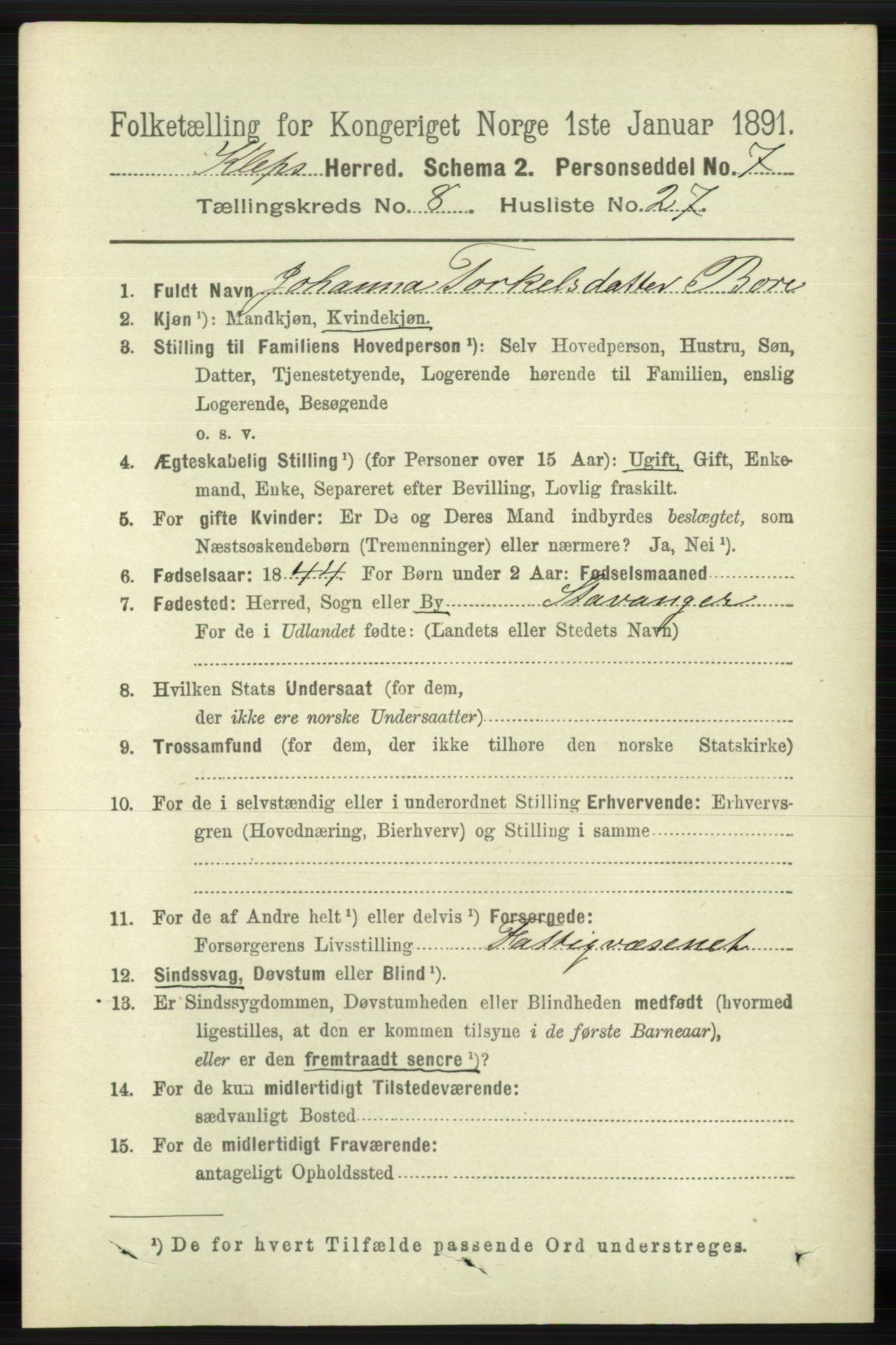 RA, 1891 census for 1120 Klepp, 1891, p. 2703