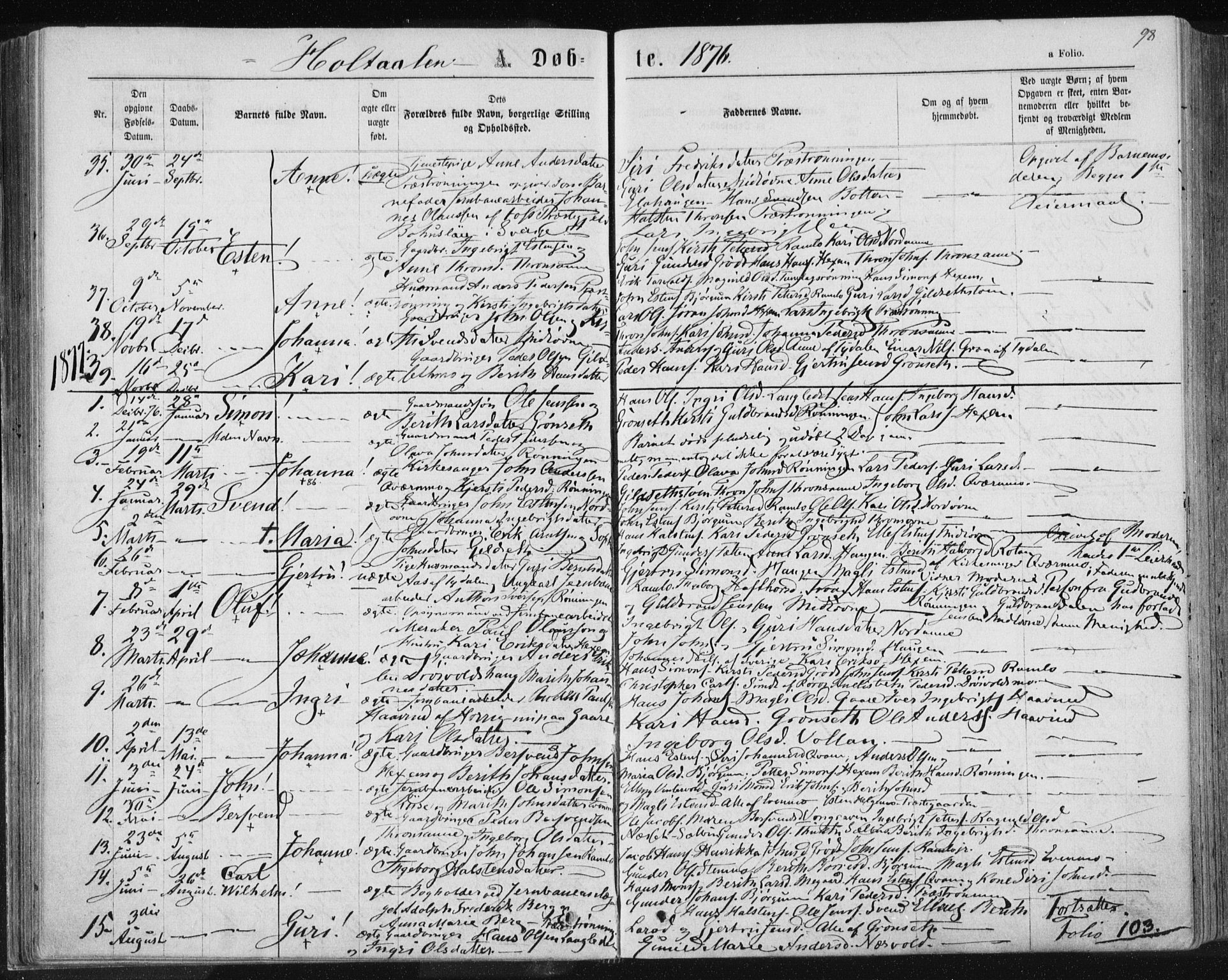 Ministerialprotokoller, klokkerbøker og fødselsregistre - Sør-Trøndelag, SAT/A-1456/685/L0969: Parish register (official) no. 685A08 /1, 1870-1878, p. 98