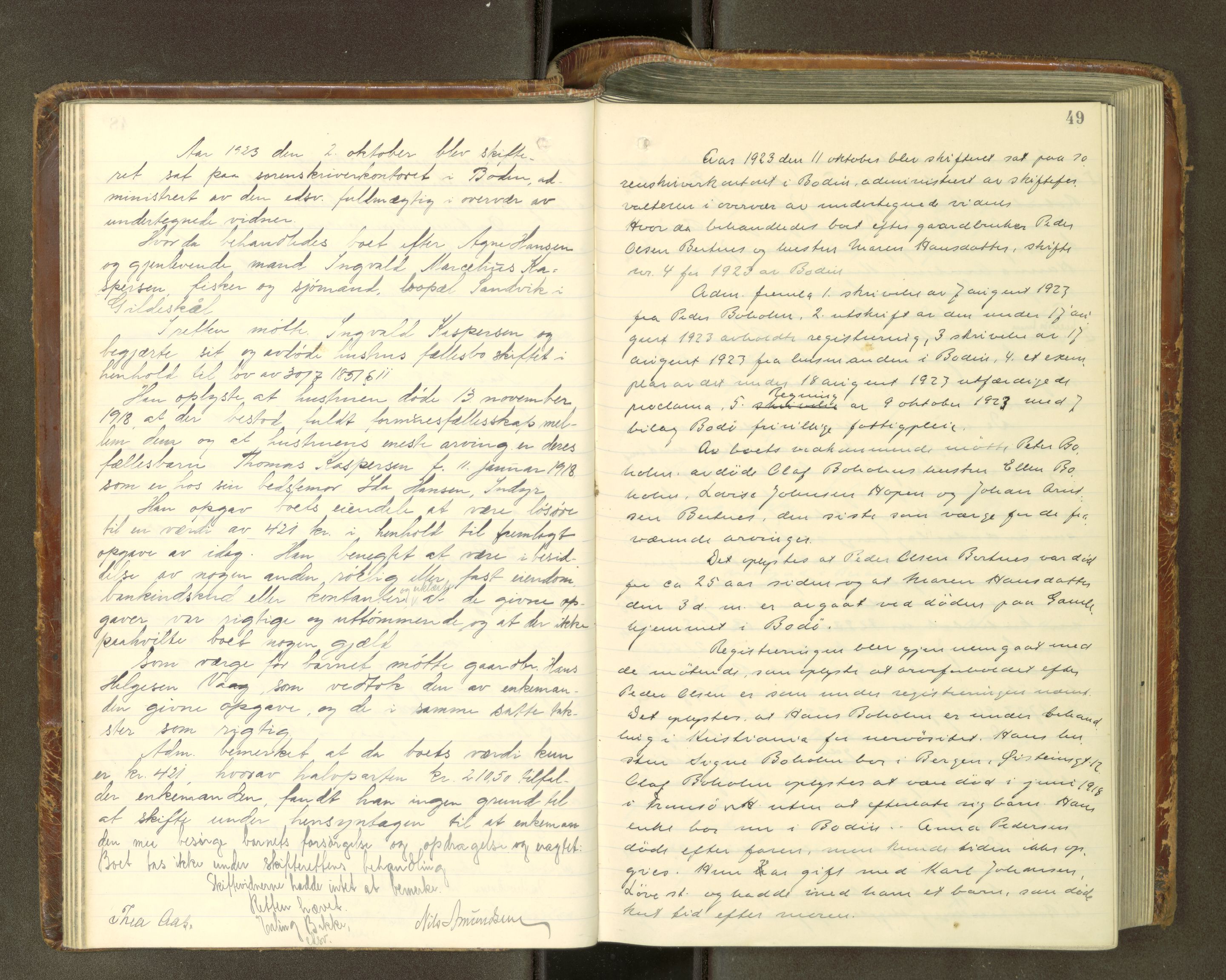Salten sorenskriveri, AV/SAT-A-4578/1/3/3B/L0014: Skiftebehandlingsprotokoll, 1922-1929, p. 49