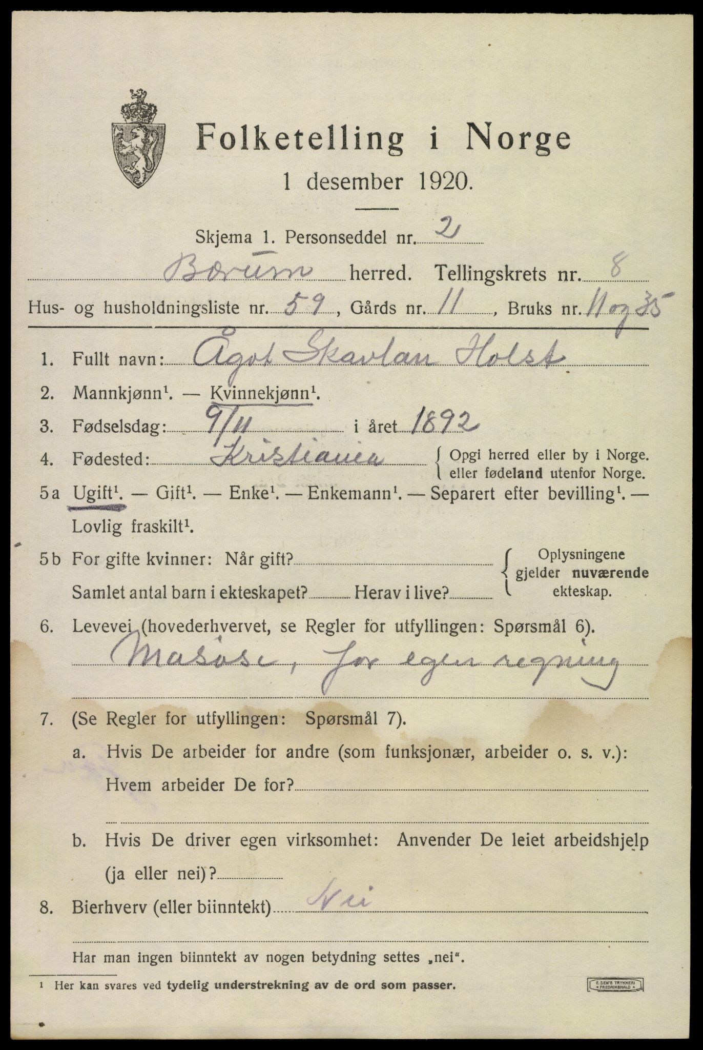 SAO, 1920 census for Bærum, 1920, p. 19322