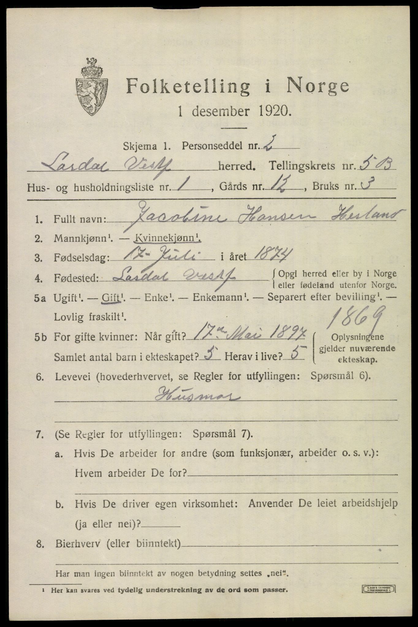 SAKO, 1920 census for Lardal, 1920, p. 5231