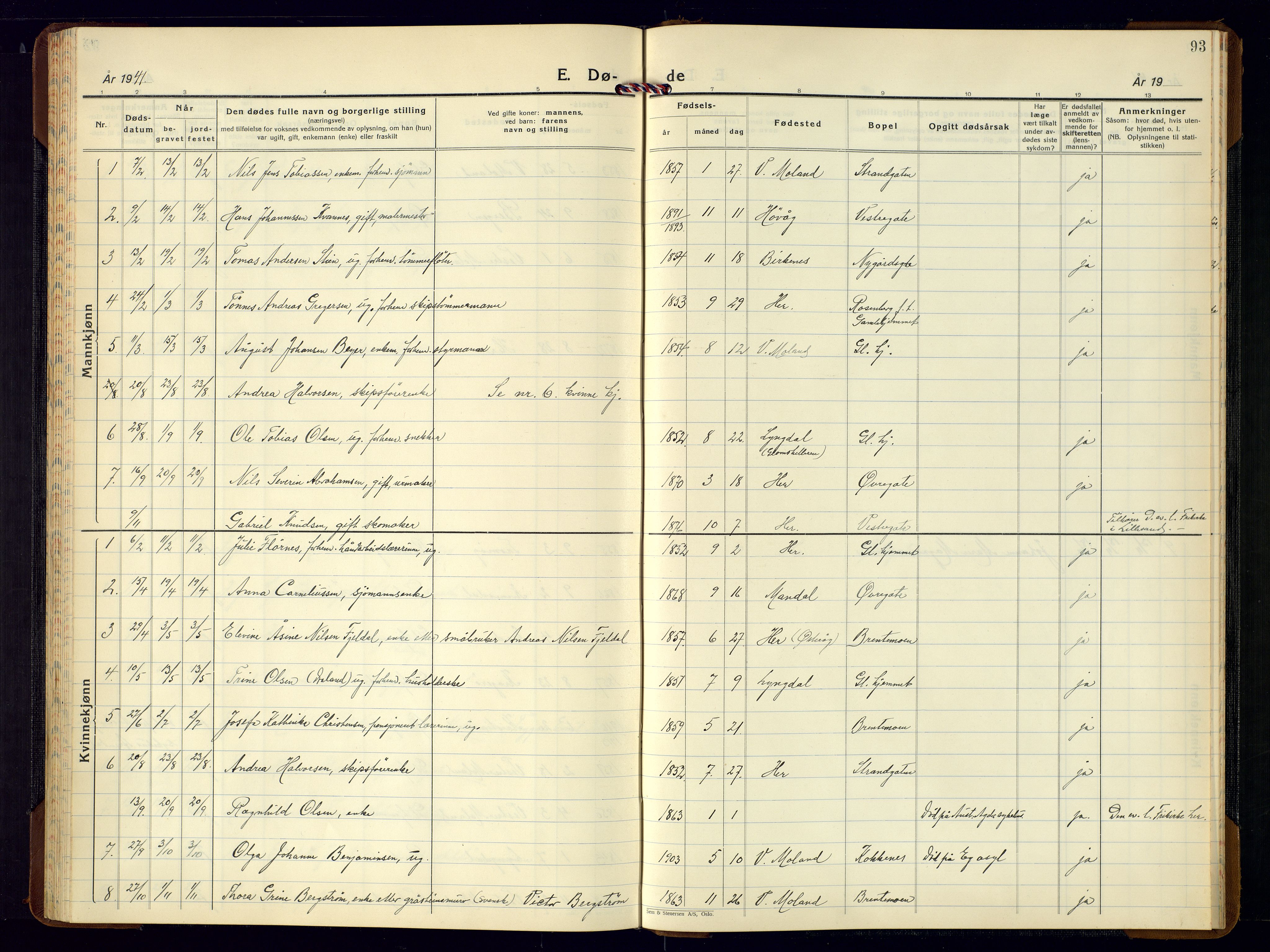 Vestre Moland sokneprestkontor, AV/SAK-1111-0046/F/Fb/Fba/L0003: Parish register (copy) no. B-3, 1935-1962, p. 93