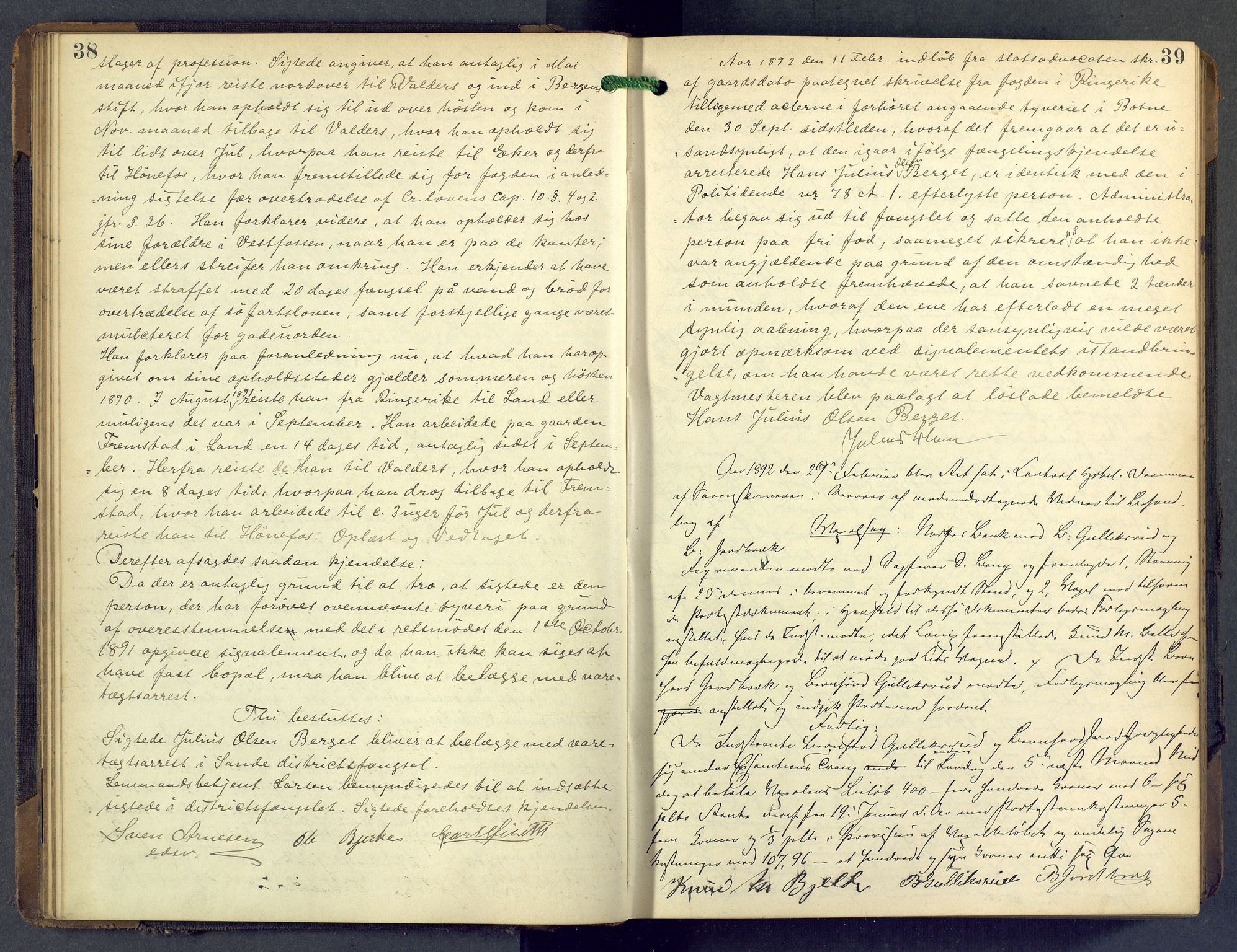 Nordre Jarlsberg sorenskriveri, AV/SAKO-A-80/F/Fb/Fba/L0028: Ekstrarettsprotokoll, 1891-1897, p. 38-39