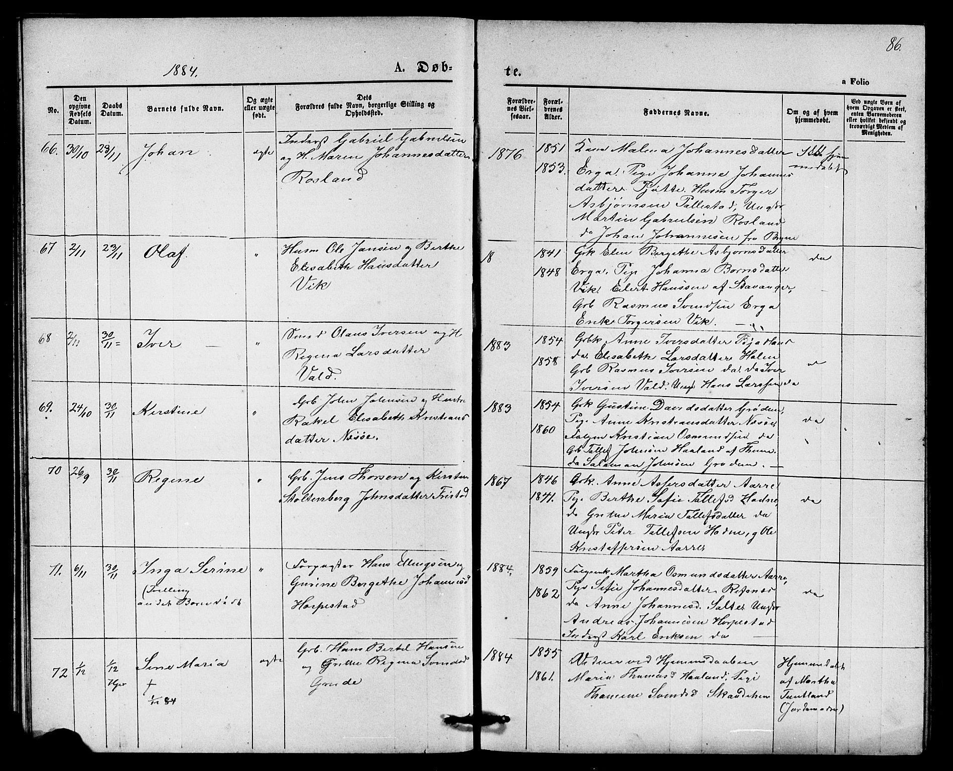 Klepp sokneprestkontor, AV/SAST-A-101803/001/3/30BB/L0003: Parish register (copy) no. B 3, 1876-1888, p. 86