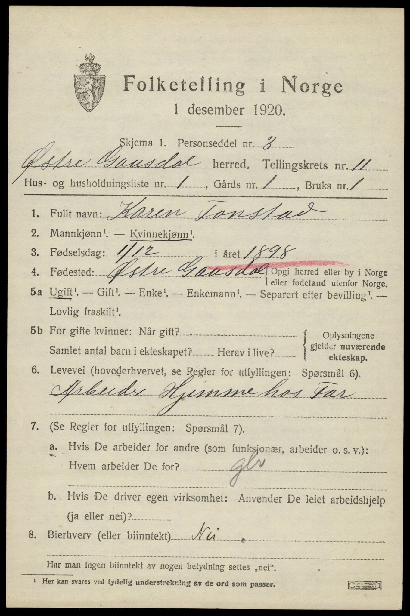 SAH, 1920 census for Østre Gausdal, 1920, p. 5832