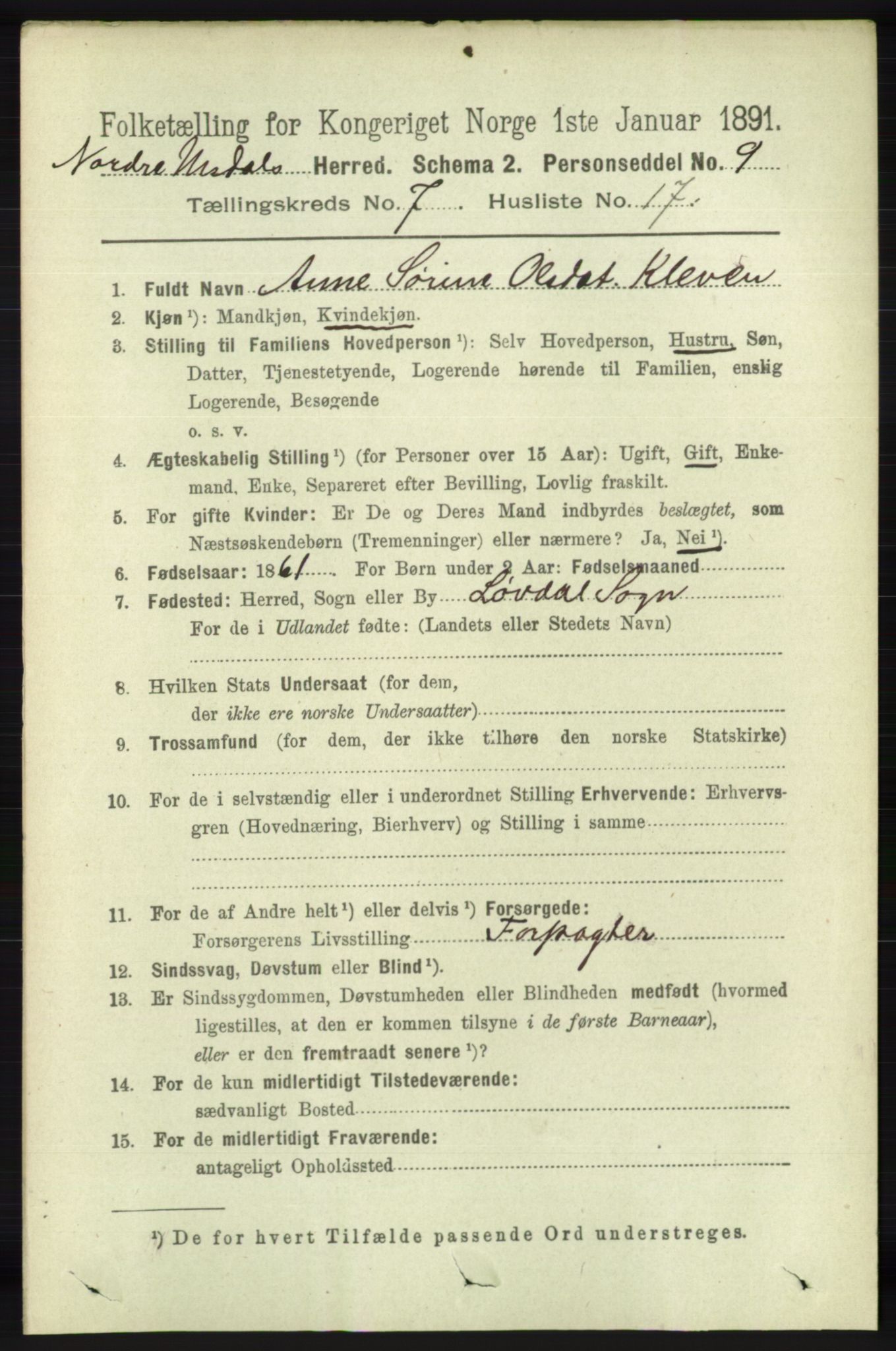 RA, 1891 census for 1028 Nord-Audnedal, 1891, p. 1892