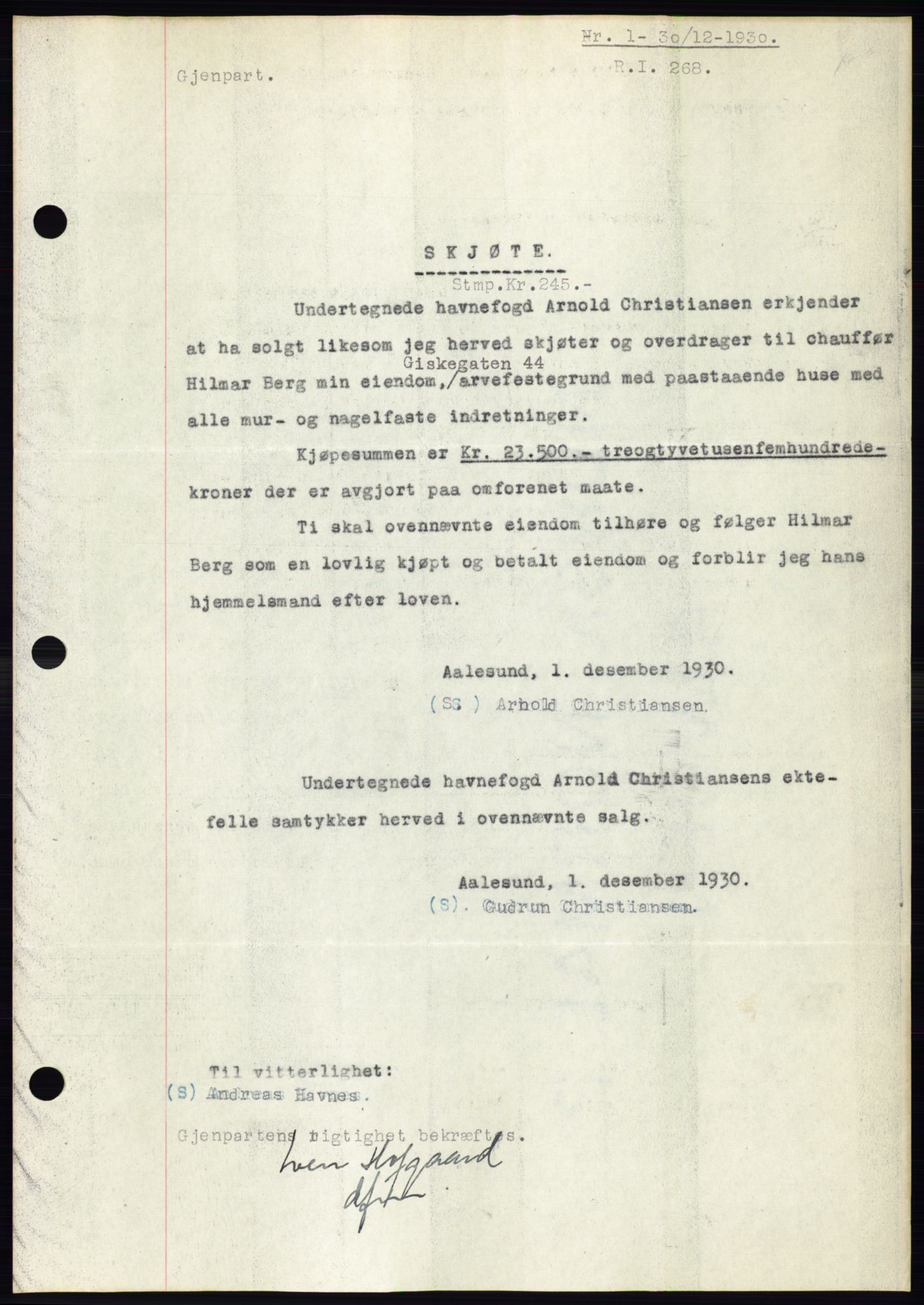 Ålesund byfogd, AV/SAT-A-4384: Mortgage book no. 27, 1930-1931, Deed date: 30.12.1930