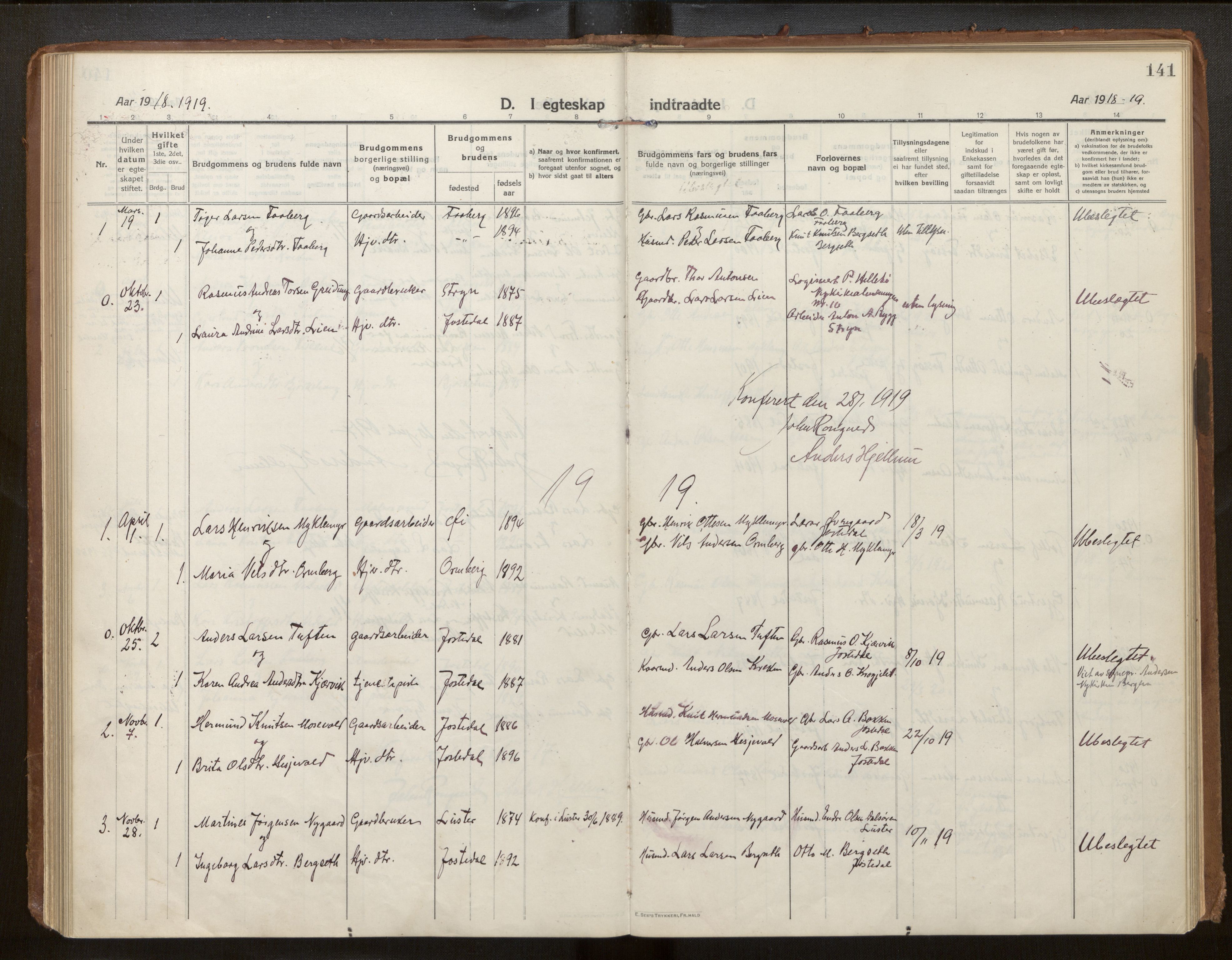 Jostedal sokneprestembete, AV/SAB-A-80601/H/Haa/Haab/L0002: Parish register (official) no. B 2, 1915-1931, p. 141