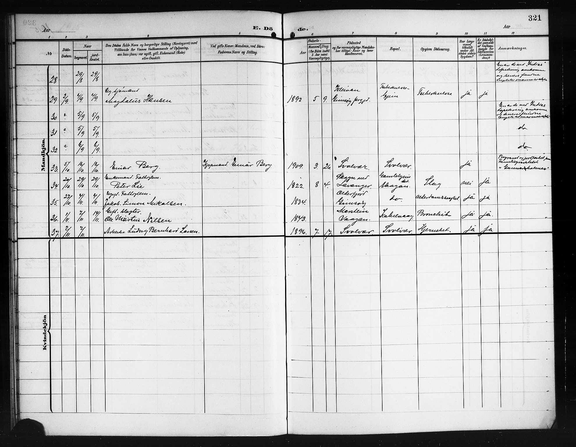 Ministerialprotokoller, klokkerbøker og fødselsregistre - Nordland, AV/SAT-A-1459/874/L1079: Parish register (copy) no. 874C08, 1907-1915, p. 321