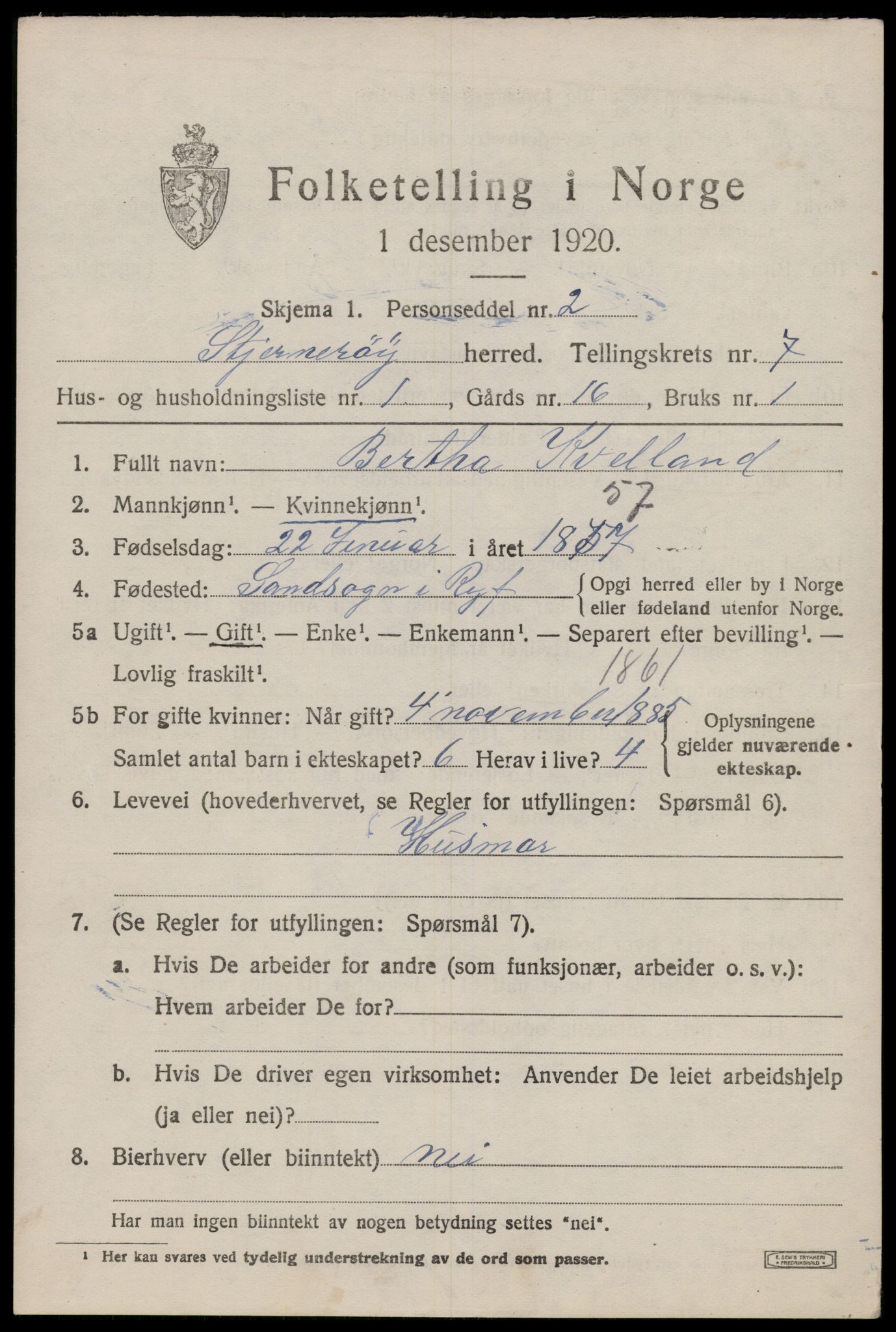 SAST, 1920 census for Sjernarøy, 1920, p. 1832