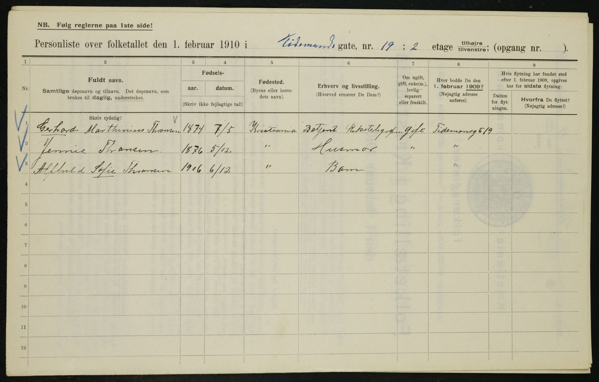 OBA, Municipal Census 1910 for Kristiania, 1910, p. 105733