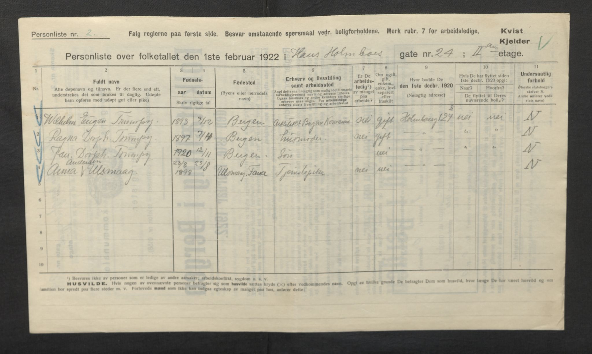 SAB, Municipal Census 1922 for Bergen, 1922, p. 12913