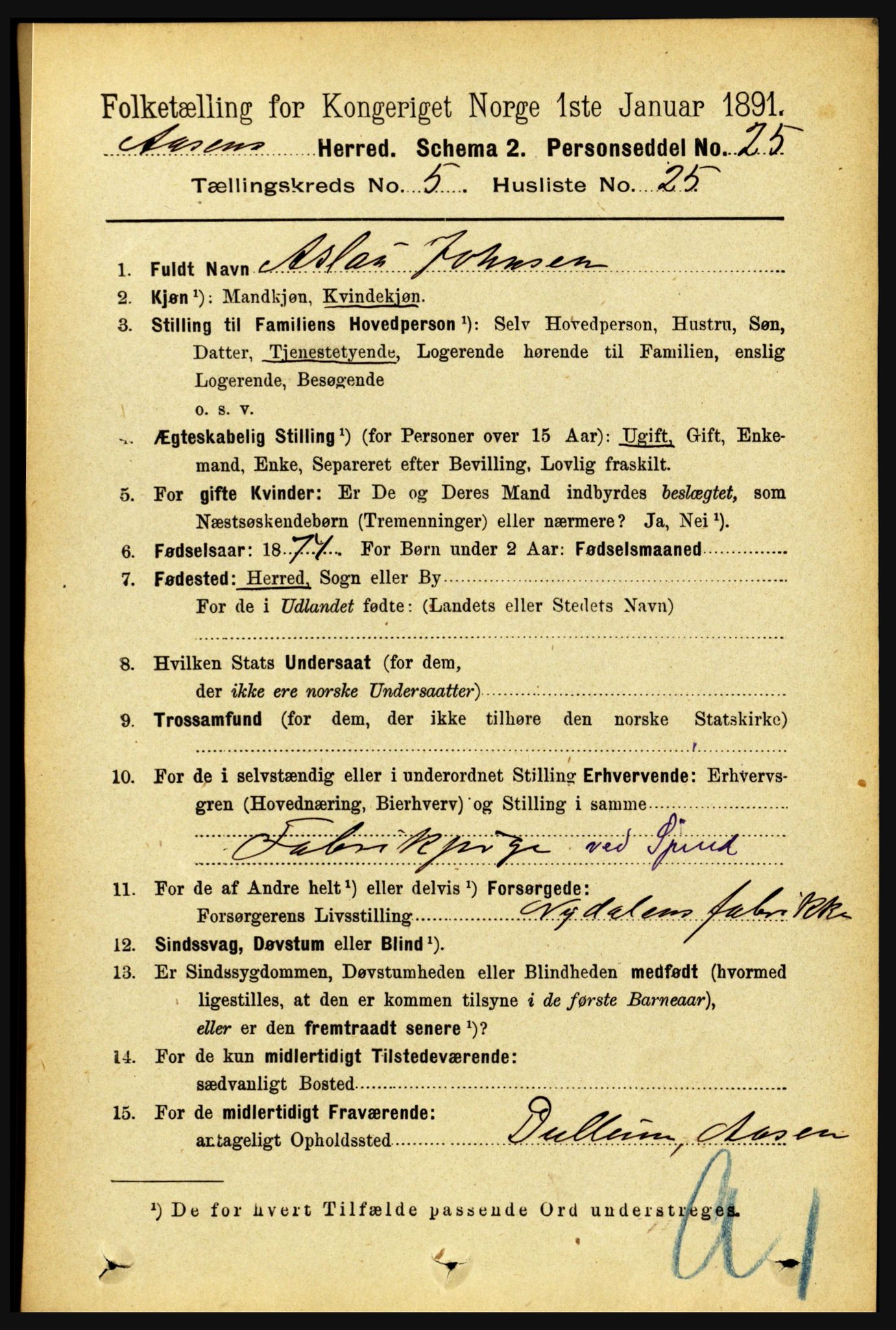 RA, 1891 census for 1716 Åsen, 1891, p. 2109