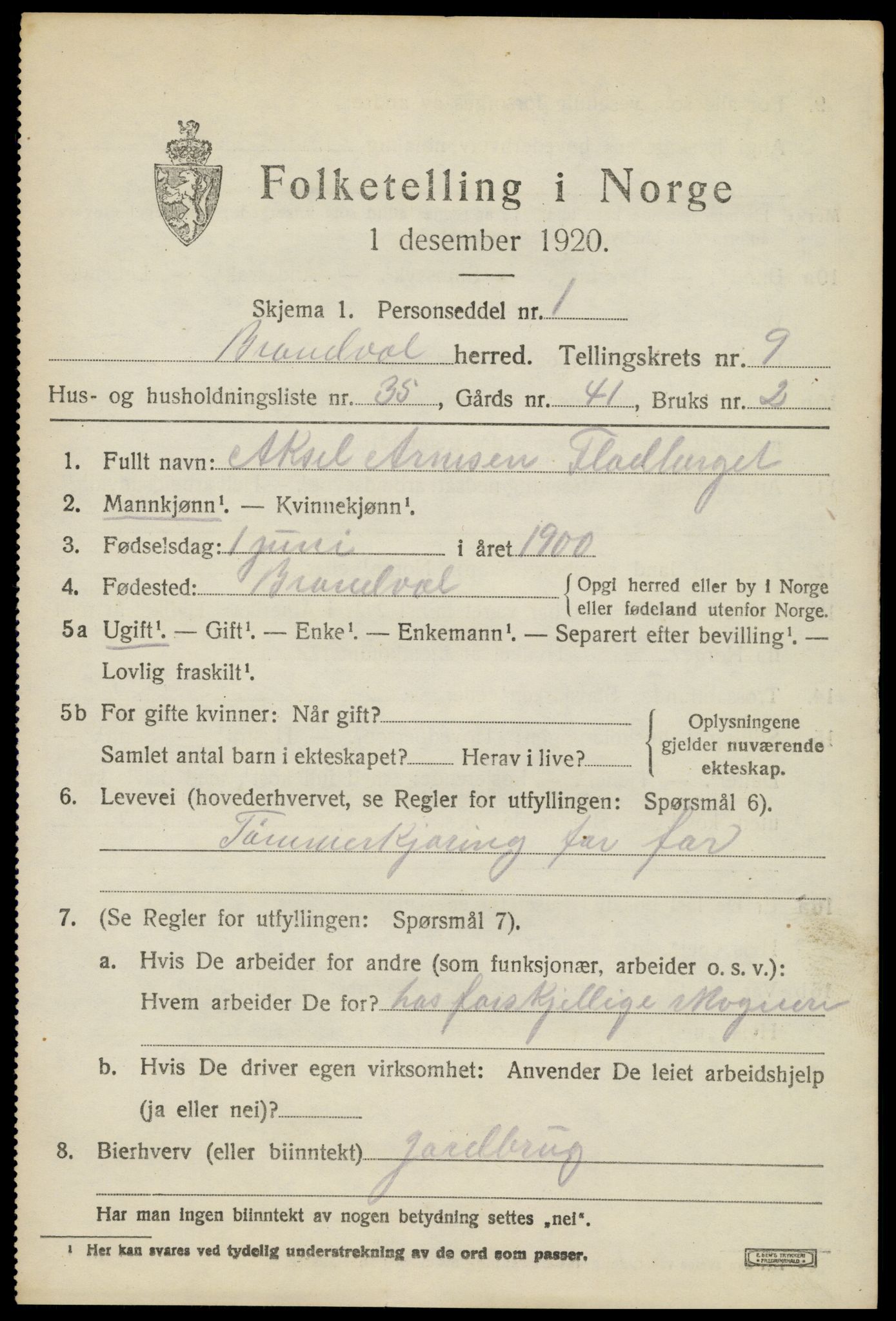 SAH, 1920 census for Brandval, 1920, p. 7746